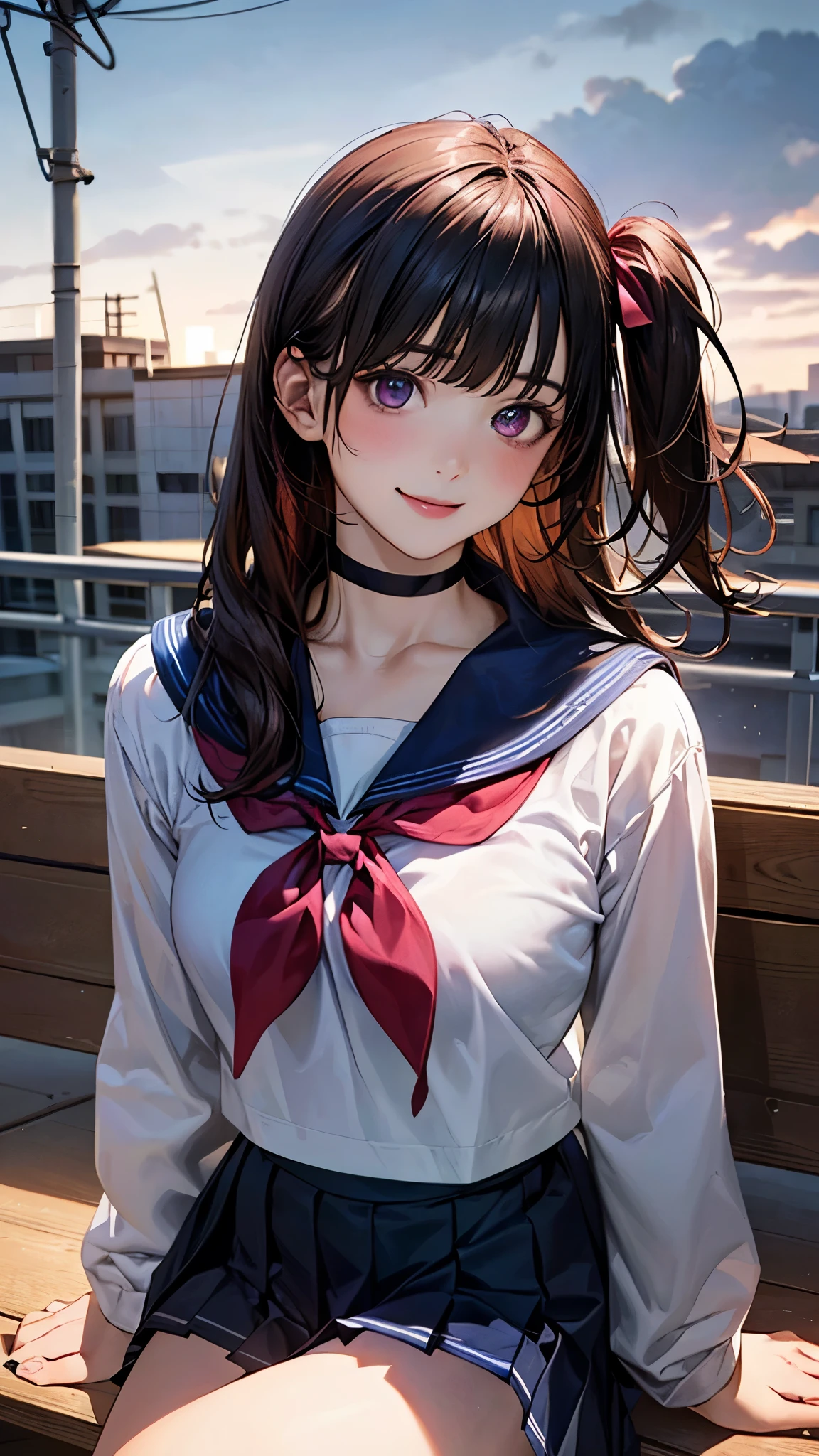 (masterpiece:1.2, top-quality), (realistic, photorealistic:1.4), beautiful illustration, (natural side lighting, movie lighting), nsfw,
looking at viewer, 1 girl, japanese, high school girl, perfect face, cute and symmetrical face, shiny skin,
(long hair:1.7, (two side up:1.4), black hair), blunt bangs, swept bang, purple eyes, long eye lasher, (medium breasts), slender, light red hair ribbon,
beautiful hair, beautiful face, beautiful detailed eyes, beautiful clavicle, beautiful body, beautiful chest, beautiful thigh, beautiful legs, beautiful fingers,
(((white pleated skirt), long sleeves white cute sailor fuku, navy sailor collar, dark neck ribbon, black choker, black belt, )), bring light pink hand bag,
(beautiful scenery), evening, (school rooftop), sitting bench, (lovely smile, upper eyes),