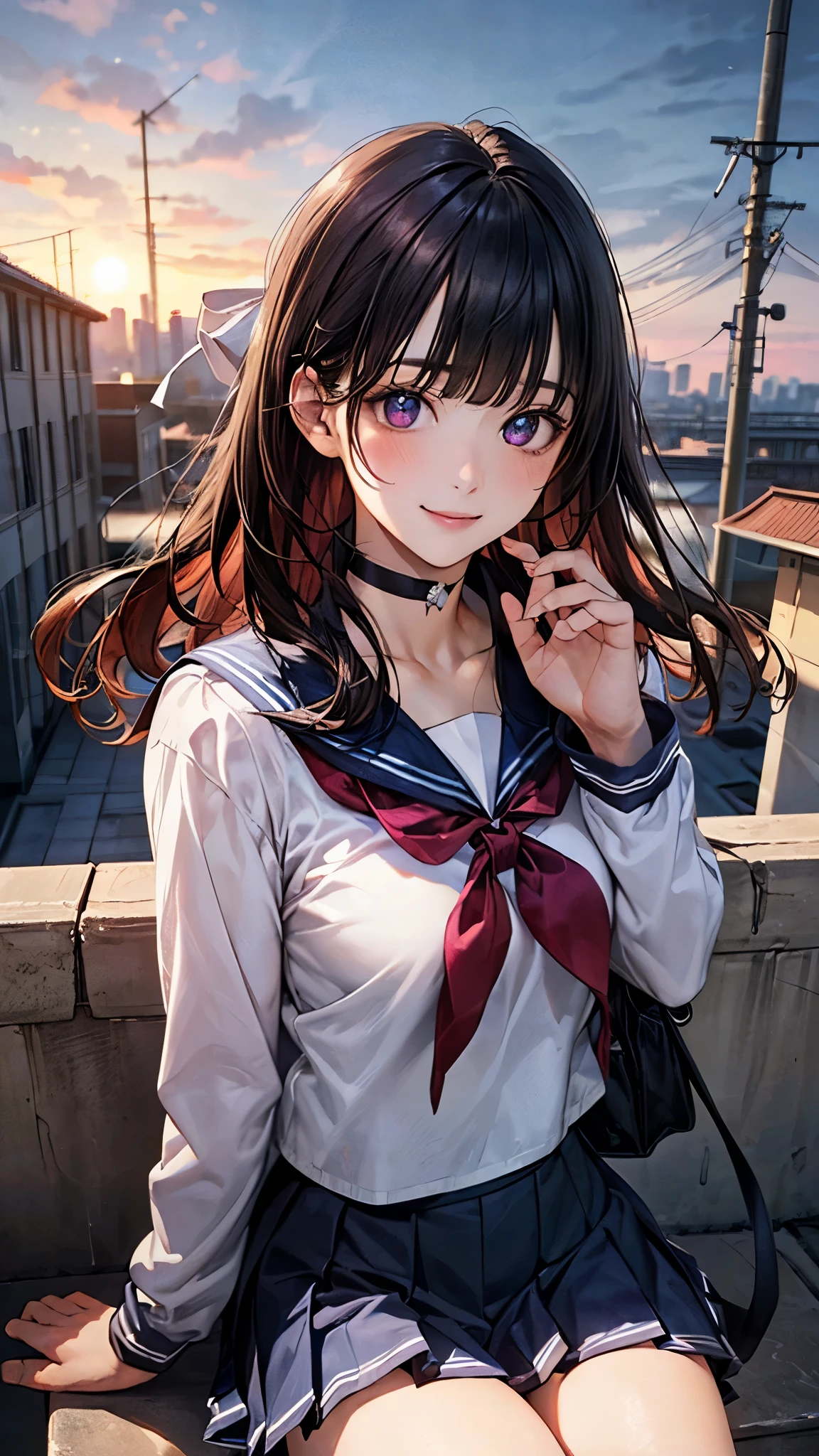 (masterpiece:1.2, top-quality), (realistic, photorealistic:1.4), beautiful illustration, (natural side lighting, movie lighting), nsfw,
looking at viewer, 1 girl, japanese, high school girl, perfect face, cute and symmetrical face, shiny skin,
(long hair:1.7, (two side up:1.4), black hair), blunt bangs, swept bang, purple eyes, long eye lasher, (medium breasts), slender, light red hair ribbon,
beautiful hair, beautiful face, beautiful detailed eyes, beautiful clavicle, beautiful body, beautiful chest, beautiful thigh, beautiful legs, beautiful fingers,
(((white pleated skirt), long sleeves white cute sailor fuku, navy sailor collar, dark neck ribbon, black choker, black belt, )), bring light pink hand bag,
(beautiful scenery), evening, (school rooftop), sitting bench, (lovely smile, upper eyes),