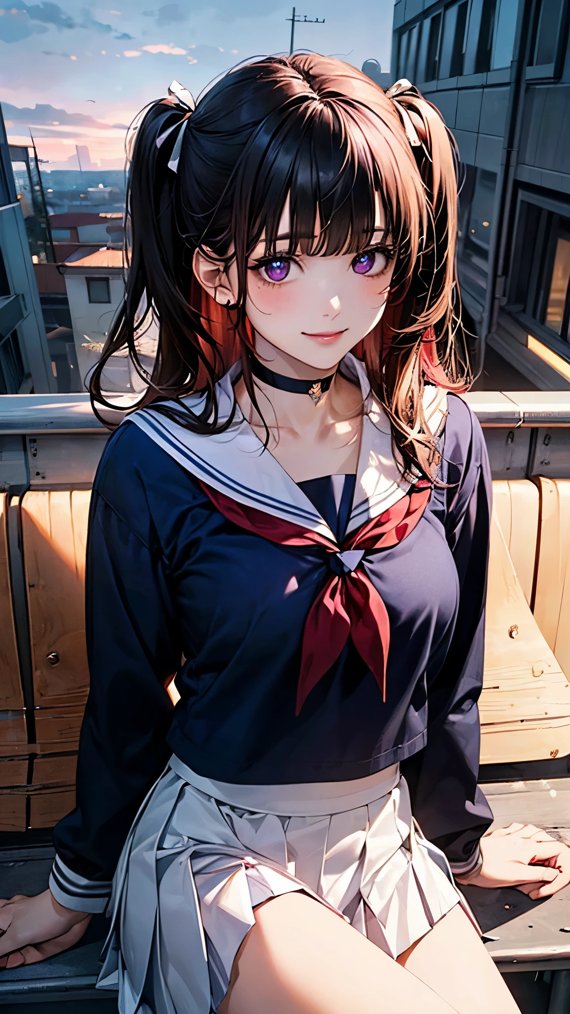 (masterpiece:1.2, top-quality), (realistic, photorealistic:1.4), beautiful illustration, (natural side lighting, movie lighting), nsfw,
looking at viewer, 1 girl, japanese, high school girl, perfect face, cute and symmetrical face, shiny skin,
(long hair:1.7, (two side up:1.4), black hair), blunt bangs, swept bang, purple eyes, long eye lasher, (medium breasts), slender, light red hair ribbon,
beautiful hair, beautiful face, beautiful detailed eyes, beautiful clavicle, beautiful body, beautiful chest, beautiful thigh, beautiful legs, beautiful fingers,
(((white pleated skirt), long sleeves white cute sailor fuku, navy sailor collar, dark neck ribbon, black choker, black belt, )), bring light pink hand bag,
(beautiful scenery), evening, (school rooftop), sitting bench, (lovely smile, upper eyes),