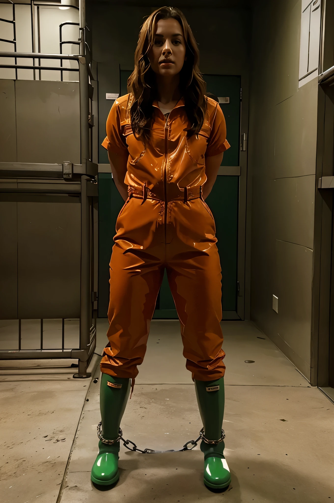 her feets are bound together with a big steel chain