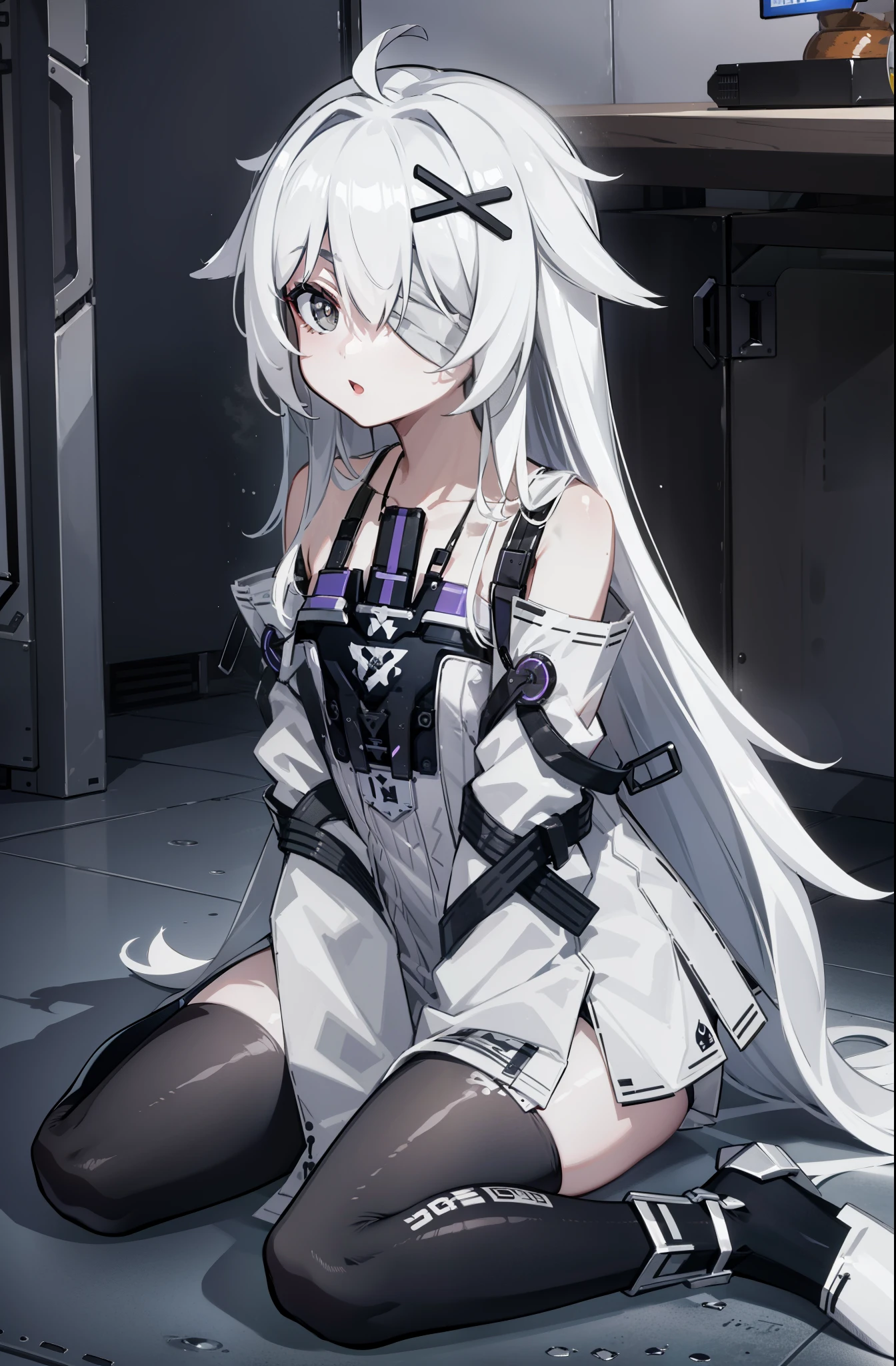 (best quality:1.3), (masterpiece:1.3), (illustration:1.3), (ultra-detailed:1.3), 1girl, solo, white hair, long hair, (((gray eyes, bandage over one eye,))) white dress, suspenders, bare shoulders, detached sleeves, sleeves past fingers, gradient leggings, black pantyhose, hair ornament, x hair ornament, indoors, sitting, close up, from front, reaching for viewer,