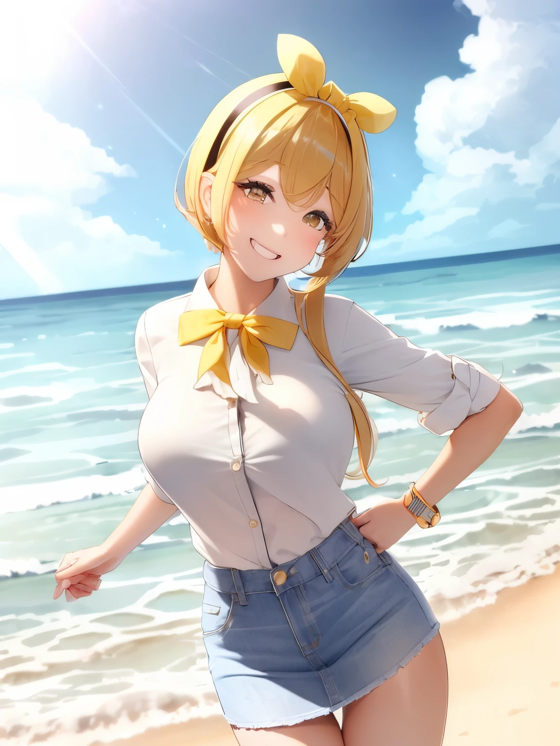 high quality UHD Anatomically correct Best quality, beautiful girl, sparkling eyes, Smile showing teeth, yellow feathered hairband, standing, cute blouse, charming white denim Mini skirt, Medium Net loafers, moorning beach, Normal Angle