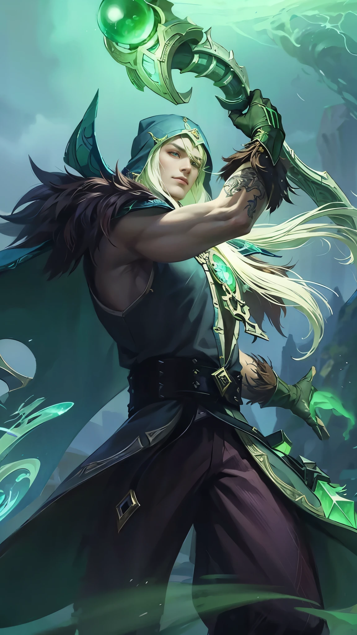 masculine male, masterpiece, ((perfect eyes)) best quality, (semirealism:1.9), beautiful lighting, (extremely detailed CG unity 4k fhd wallpaper), High Detail, Sharp focus, dramatic outdoors, 1 boy ,19 years old, white hair, light purpel eyes, smile, a close up of a person holding a green light, amazing portrait of viego, astri lohne, splash art, league of legends character, heise jinyao, league of legends character art, inspired by Shen Zhou, inspired by Huang Shen, world of warcraft elven druid, arcane : league of legends, arvalis, legends of runeterra.