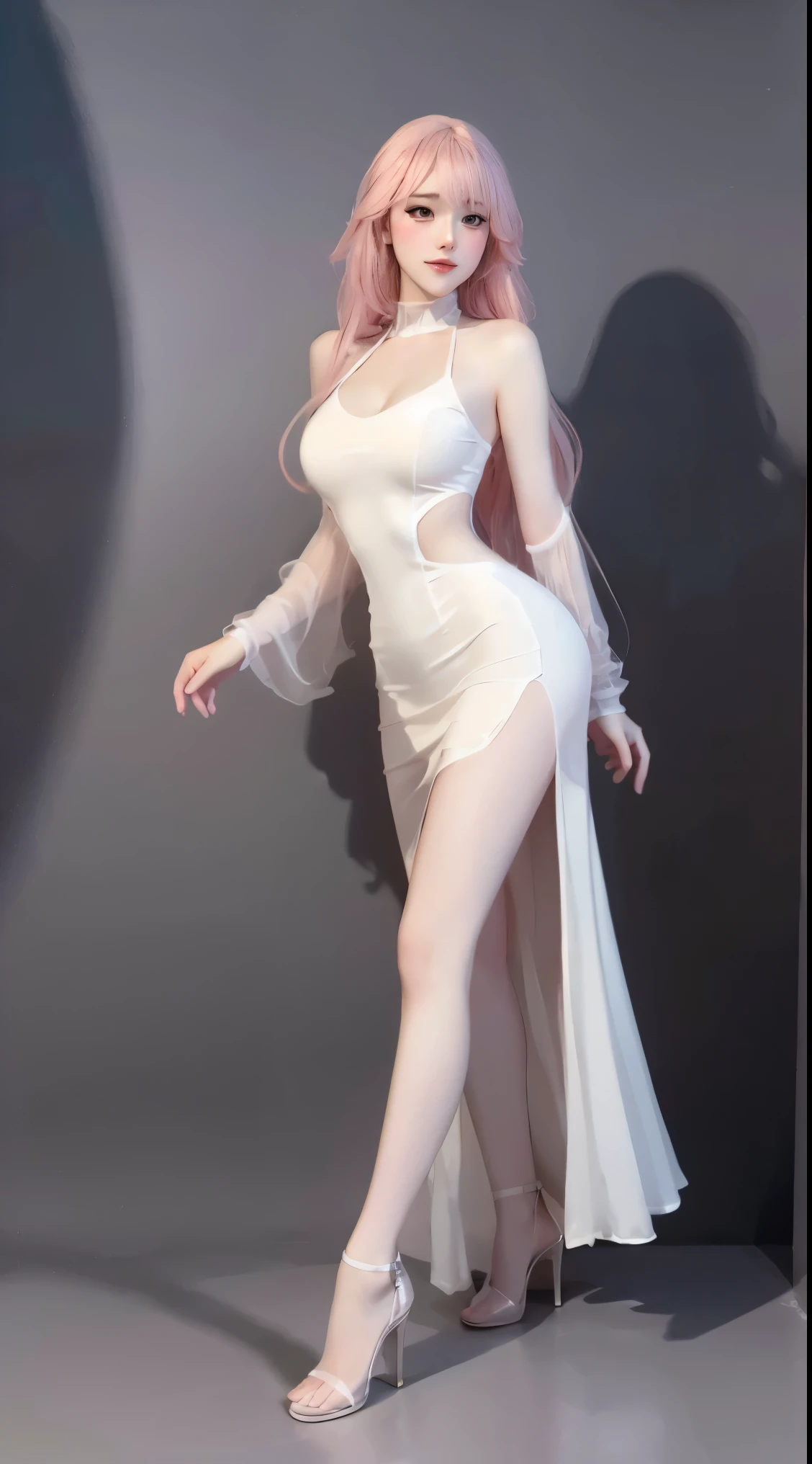 8k, Surreal, masterpiece, best quality, Super detailed, high resolution, random background, 1個Giant Breast Girl, (:1.5), Willow Yao, white dress，translucent，stand，whole body，High heel白色透明婚纱，High heel，whole body，pink hair