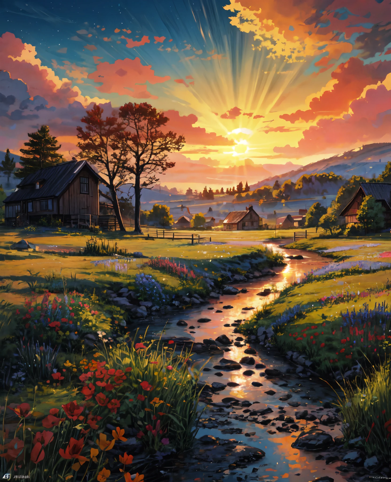 bright colors, picture of sunset over a field with a stream and a house, The art of scenery in detail, Decorations, painted landscape, detailed painting 4k, amazing art style, beautiful art uhd 4k, warm beautiful scene, beautiful artwork illustration, a beautiful landscape, beautiful picture, fantastic landscape, beautiful landscape, Vibrant landscapes, painted in gouache, beautiful detailed scene