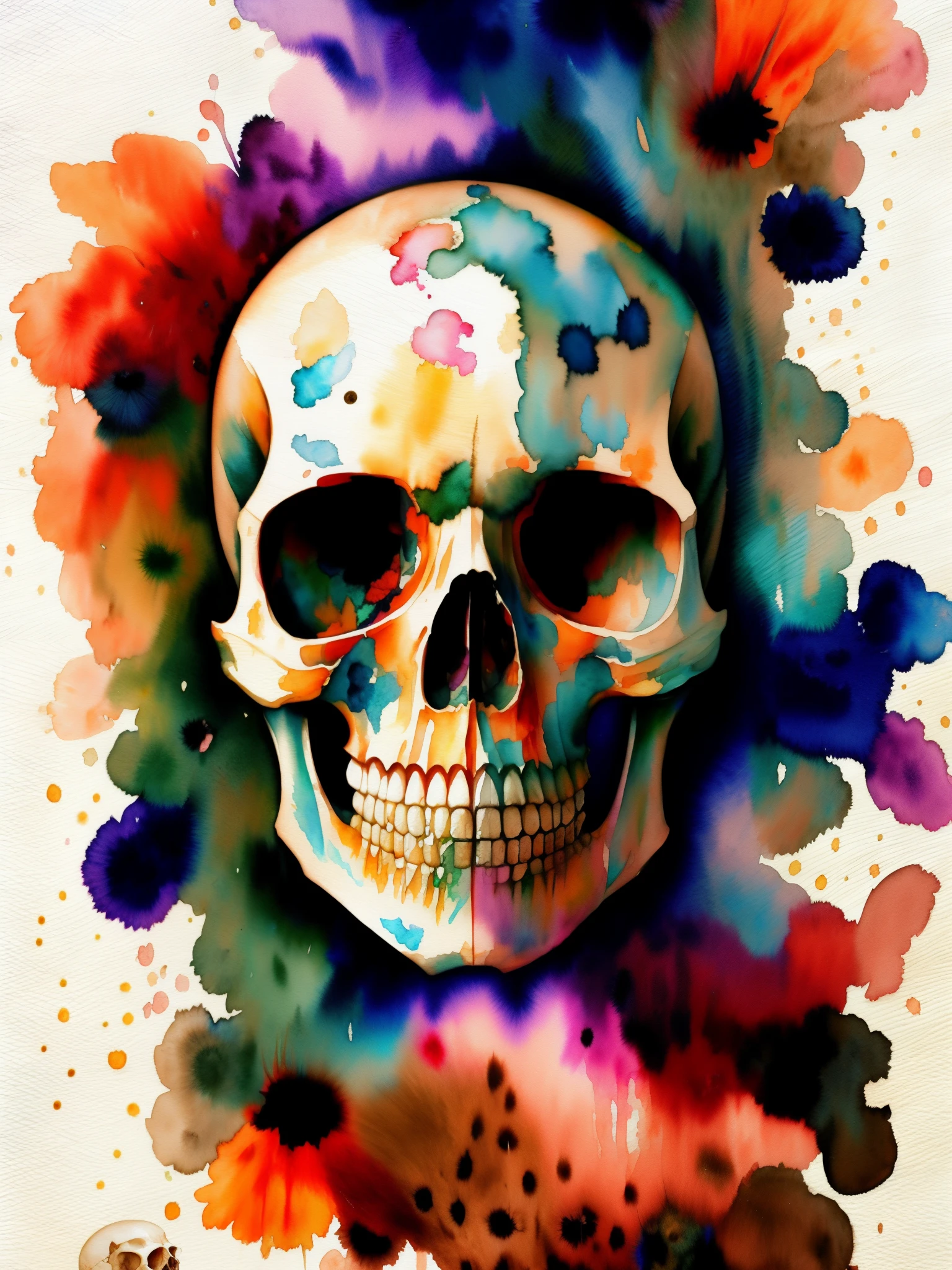 watercolor style, Digital art of (skull), official art, frontal, masterpiece, Beautiful, ((watercolor)), face paint, paint splatter, intricate details. Highly detailed, detailed eyes, [dripping:0.5], Trending on artstation, by Rachel Walker,