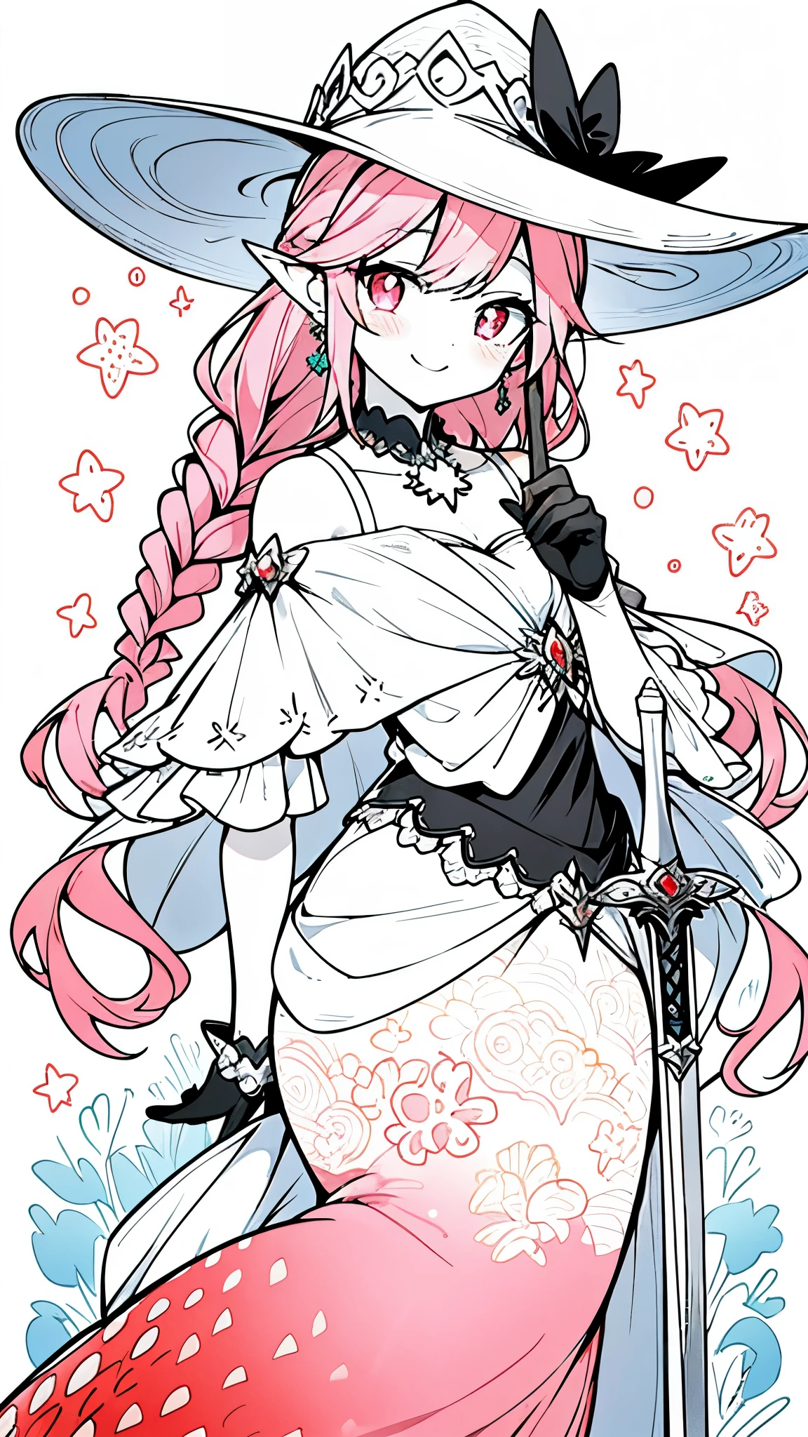 ((masterpiece:1.4,best quality))+,(Ultra-detailed)+,(super detailed eyes)+,(pointed ears:1.5),
(cute girls),,(Golden-green heterochromatic pupils:1.15),Short pale pink hair,long braids,Thick hair(Variza:1.2),Pale complexion,Smile,一個誘人的Smile,pink halo,
(She is wearing a conservative red lavender dress,red pattern,lace:1.5),(red gloves:1.4)The sleeves are very long,
black earrings,mermaid,coral,Menghua,gemstone jewelry,straw hat,Fruit tiara,Greatsword,jellyfish,
(fish tail:1.1),
(Dawn light:1.2),
(Thick black and white:1.16),(depth of field:1.4),,intricate details,