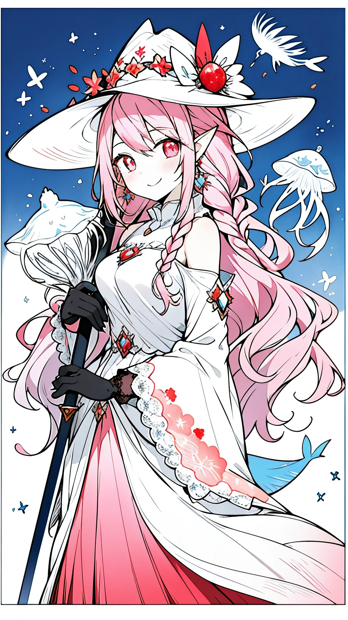 ((masterpiece:1.4,best quality))+,(Ultra-detailed)+,(super detailed eyes)+,(pointed ears:1.5),
(cute girls),15 years old,(Golden-green heterochromatic pupils:1.15),Short pale pink hair,long braids,Thick hair(Variza:1.2),Pale complexion,Smile,一個誘人的Smile,pink halo,
(She is wearing a conservative red lavender dress,red pattern,lace:1.5),(red gloves:1.4)The sleeves are very long,
black earrings,mermaid,coral,Menghua,gemstone jewelry,straw hat,Fruit tiara,Greatsword,jellyfish,
(fish tail:1.1),
(Dawn light:1.2),
(Thick black and white:1.16),(depth of field:1.4),,intricate details,