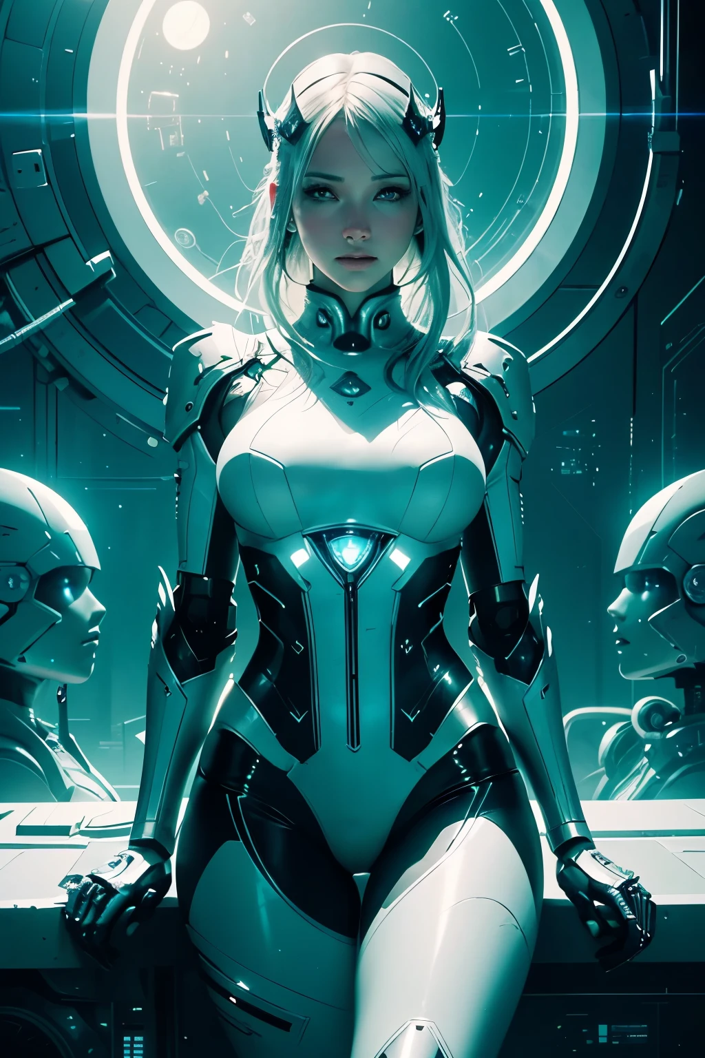 (Top Quality, 32k, Ultra HD, Unreal Engine Rendered), Black woman reclining on a mechanical high-tech bed, connected to wires on the sci-fi room's wall, Silver chrome robot standing guard beside her, White sun casting a radiant, white color gradient, White fog shrouding the entire hyper-realistic image, White lighting illuminating every intricately detailed surface, Artgerm style infusing an ethereal and emotive aesthetic, Cinematic lighting creating dramatic contrasts, Hyper-realistic rendering showcasing the woman's flawless, finely detailed skin and the robot's sleek, meticulously textured