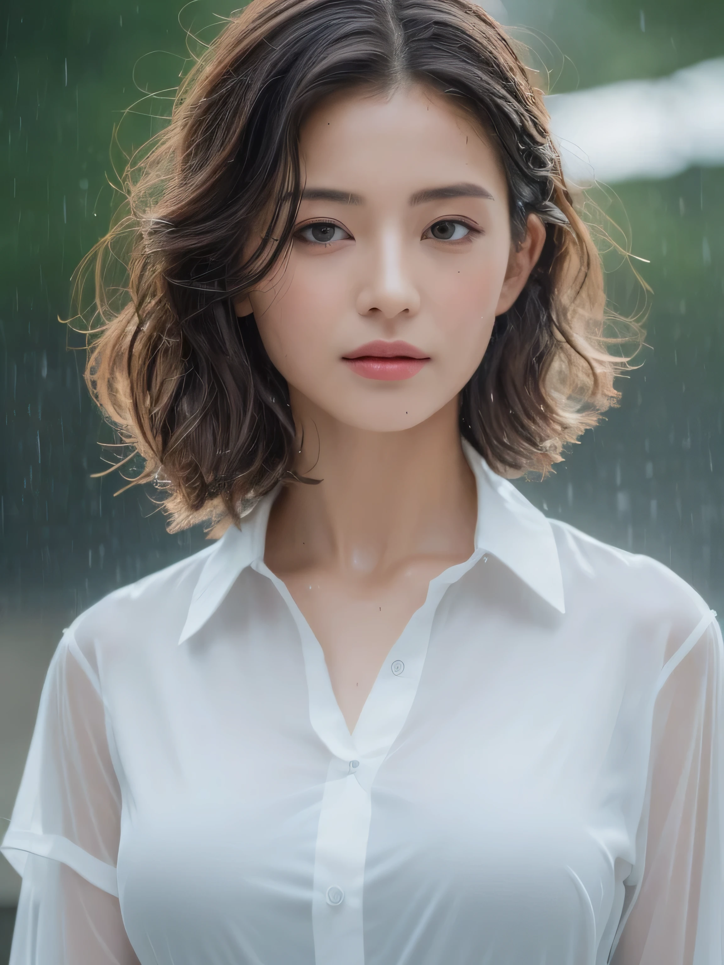 ((highest quality, 8k, masterpiece: 1.3)), sharp: 1.2, perfect body beauty: 1.4, slim abs: 1.2, ((layered hairstyles, big breasts: 1.2)), (Wet White Button Long Shirt: 1.1), (rain, street: 1.2), Wet: 1.5, Highly detailed face and skin texture, fine eyes, double eyelid, looking at camera