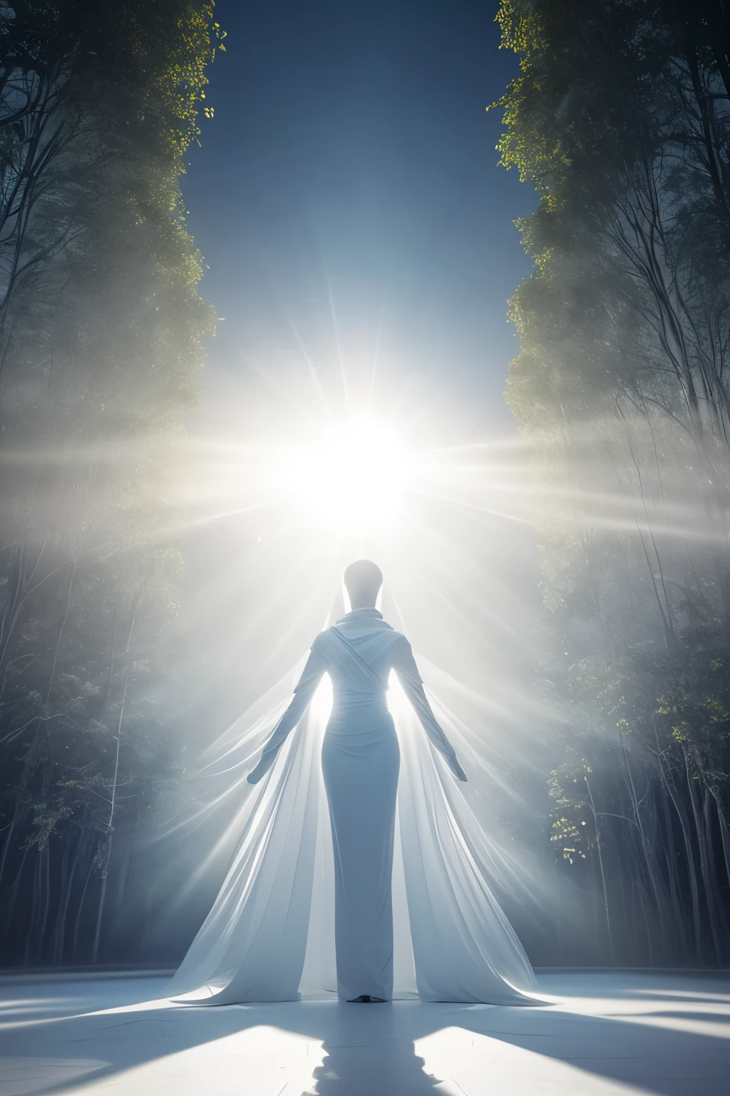 A captivating image of a black woman clad in pure white garments, suspended in an expansive, vacant white space. A radiant, white-coloured sun casts its luminous light, instilling a white color grade throughout the scene. Ethereal white fog enshrouds the environment, adding to the surreal ambiance.

This meticulously crafted, hyper-realistic image is rendered using Unreal Engine, boasting a jaw-dropping resolution of 32k and ultra-high definition. Cinematic lighting techniques are meticulously employed, illuminating the scene with an artgerm-esque style, evoking a sense of mystery and wonder.