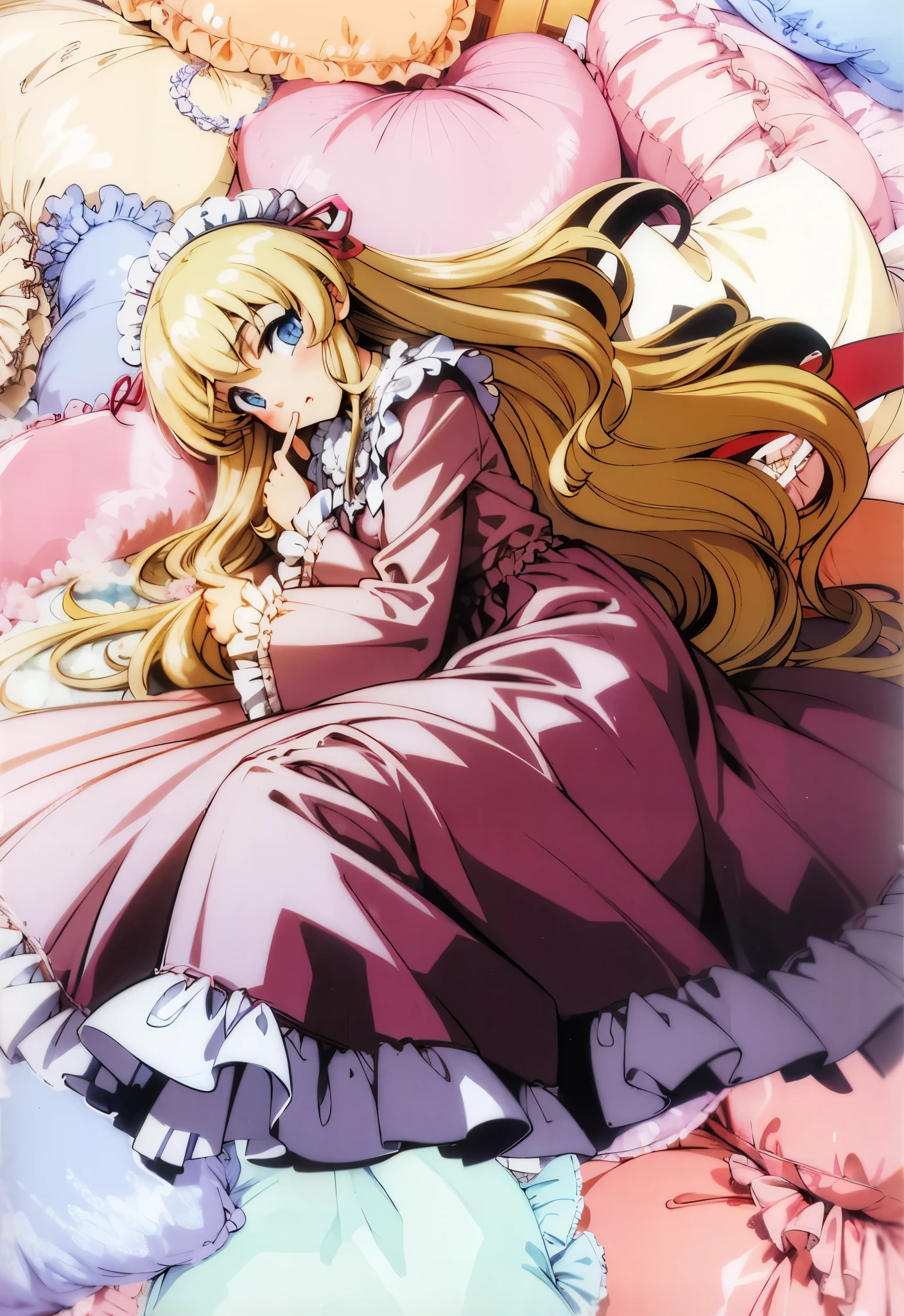 ,highest quality, masterpiece, highest resolution, artwork, super それにget used to it, many get used to it, get used to it, それにget used to it, 3K anime illustration,(( 10 year old girl)),Super detailed baby face,high quality small face,long blonde hair that grows to the waist,blue eyes,白い肌のeuropean,pajamas, european,(((super long blonde hair))),curly hair,blue eyes,((((ピンクのロリータファッションのlong skirtのワンピースドレス)))),((Pink dress with lots of frills and ribbons)),((Luxurious headdress with frills and ribbons)),detailed headdress,,(((big yoke collar))),Yoke collar with ruffles and ribbons,((((long sleeve)))),ruffle sleeves,((((long skirt)))),white ruffle and lace socks,large frill and ribbon pillow,detailed costume,many frilly pillows on the bed,super detailed background,detailed bed,romantic atmosphere,soft ruffle pillow,Beautiful girl illustration,detailed beautiful face detailed hair,detailed human eye ,detailed mouth, arm details,fine hands,detailed soft pillow,wide bed,Illustration on the bed,The girl is resting on a pile of soft pillows,surrounded by many pillows,
