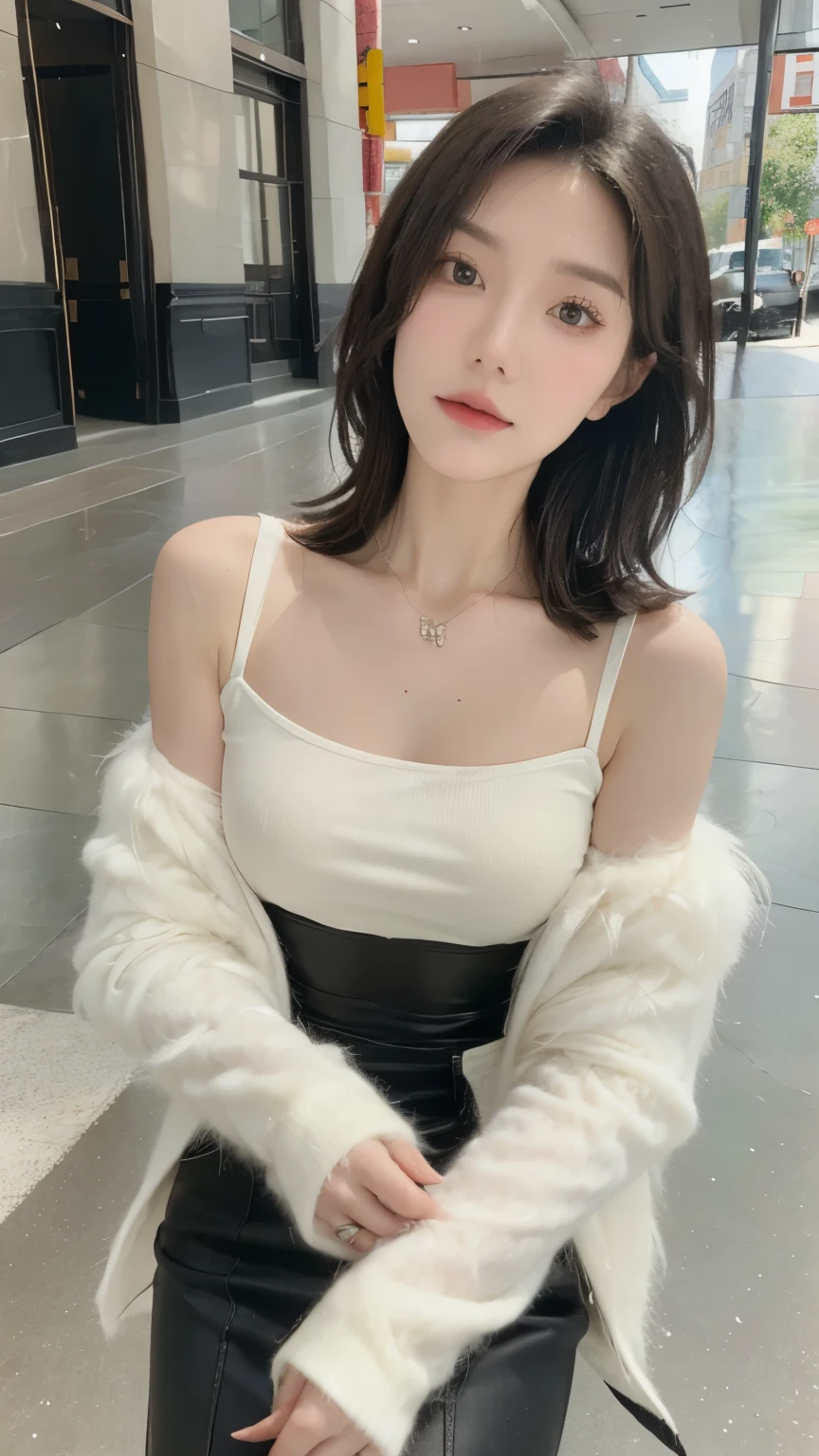 individual，young girl，23 years old, （（winter clothes）），fine hair, Detailed faces, full的身材，full, pretty fingers， Short hair details, sit down，maid outfit，Look up, There is a beauty mole， 