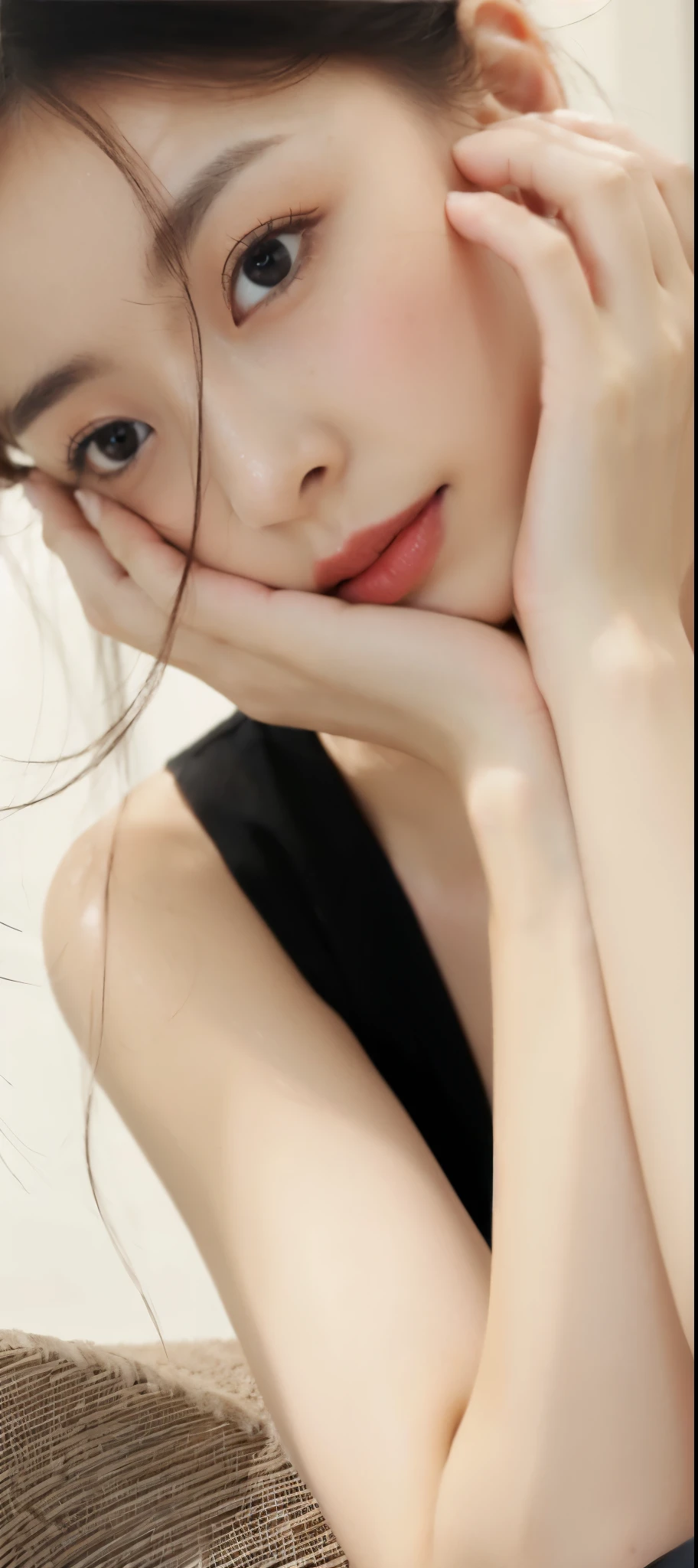 ((​Masterpiece, Top image quality, high resolution、alone、skin shiny))(on the table, best quality, actual, super detailed, meticulous, high resolution, 8k wallpaper), Close-up portrait of a beautiful woman, like, smiling, light brown messy hair, Perfect dynamic composition, 美丽meticulous的眼睛, Just like the cover of a fashion magazine, on campus，wearing gold glasses