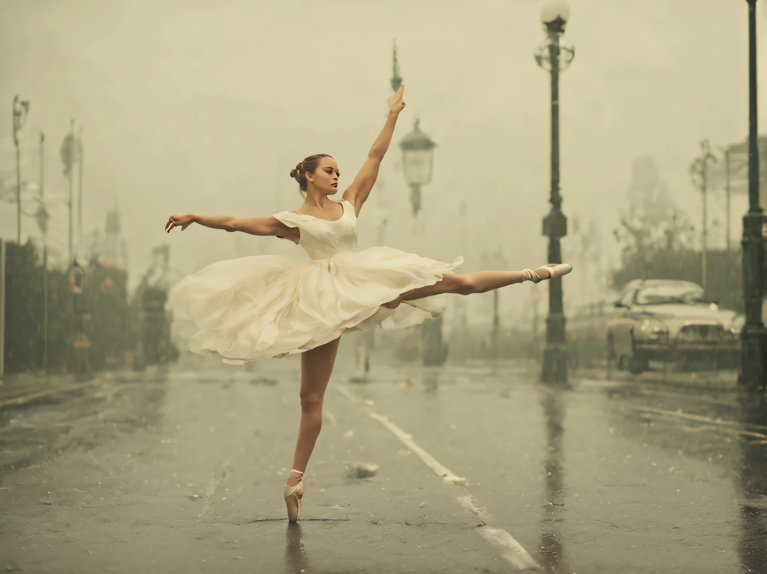 still from the film, a ballerina in a white satin dress dances in the rain on an asphalt road near a lamppost, genre - drama, weather - rain, day, faded colors of a rainy day, wet, cinematic treatment, A high resolution, focus on the ballerina, granularity