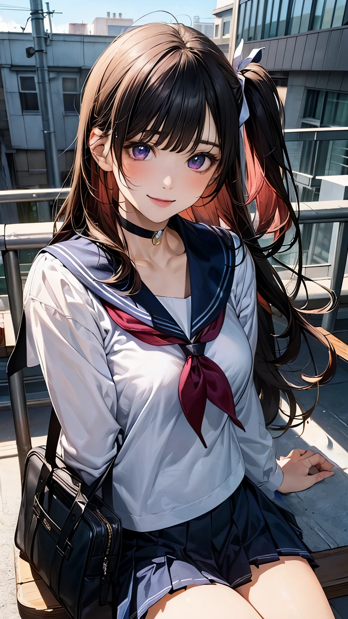(masterpiece:1.2, top-quality), (realistic, photorealistic:1.4), beautiful illustration, (natural side lighting, movie lighting), nsfw,
looking at viewer, 1 girl, japanese, high school girl, perfect face, cute and symmetrical face, shiny skin,
(long hair:1.7, (two side up:1.4), black hair), blunt bangs, swept bang, purple eyes, long eye lasher, (medium breasts), slender, light red hair ribbon,
beautiful hair, beautiful face, beautiful detailed eyes, beautiful clavicle, beautiful body, beautiful chest, beautiful thigh, beautiful legs, beautiful fingers,
(((white pleated skirt), long sleeves white cute sailor fuku, navy sailor collar, dark neck ribbon, black choker, black belt, )), bring light pink hand bag,
(beautiful scenery), evening, (school rooftop), sitting bench, pink lunch box on the thighs, (lovely smile, upper eyes),