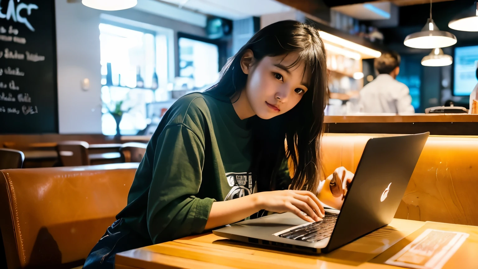 ((highest quality)), ((masterpiece)), (be familiar with), perfect face,Female college student working remotely using a laptop in a stylish cafe,