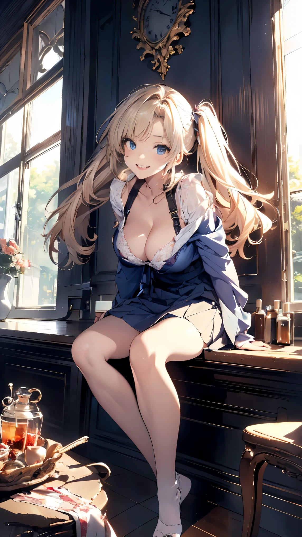 (master piece, high-quality, Mystical, long legs:1.2, ideal ratio of body proportions), (ultra high resolution, 8K RAW photo, photorealistics, natural lighting, textile shading), long shot photo:1.6, (1 beautiful anime girl:1.3, , solo:1.6, milf:1.5, nsfw:1.2, full body:1.3), shinny skin, BREAK, ((alice in the wonderland:1.3, cute, kawaii, lovely, funny, a girl falling down from sky:1.7, girl flying in sky:1.5, girl floating in air:1.3, rolling up skirt by wind:1.5, (full smiling:1.3), surprised, putting hands on crotch over the skirts:1.35)), BREAK, ((floating things as follows, PlayingCards, Trump, tea cup, tea pot, tea spoons, small clock:1.3, lip sticks, candies:1.2, cookies, jam bottles, classical door_keys)), ((purply_Blue dress :1.5, wearing long flaired skirt:1.3, the skirt is blowing:1.3, White Apron, white stockingedium long platinum-blonde hair:1.2, twin tail hair:1.6, tied hair with a large ribbon), (Blue eyes, bright pupils with highlights, detailed eyes), (lying down on your back:1.6, leaning forward:1.2, spreading legs with rising up straight:1.5), ((dutch angle:1.5, full body:1.3, ass focus:1.3, from below:1.5, unbalance posture)), fantastic colorful art, (fantasy art:1.5, strange images, grin), ((correct anatomy:1.5, perfect anatomy:1.3, correct hand, small foot:1.2)),