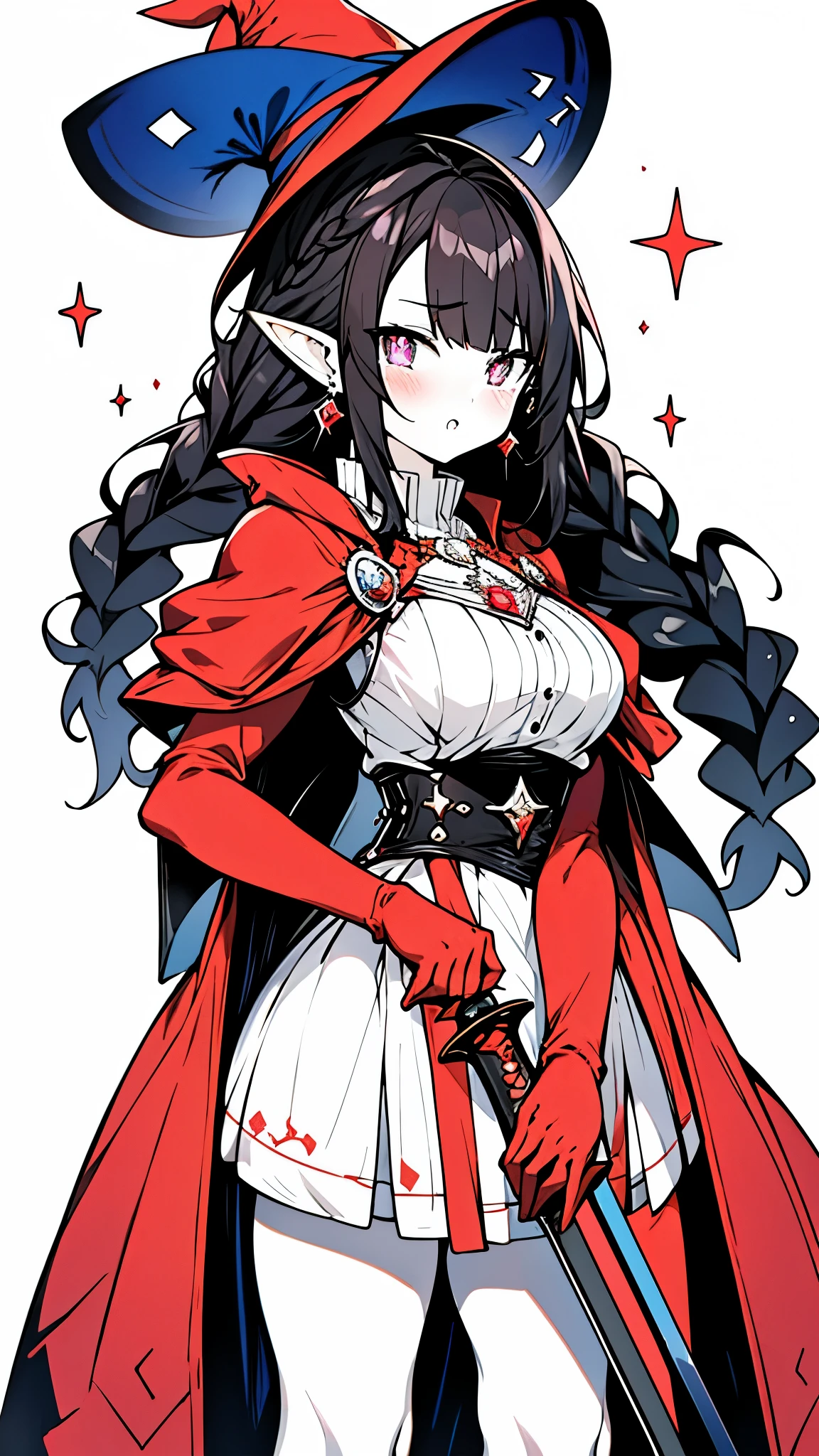 ((masterpiece:1.4,best quality))+,(Ultra-detailed)+,(super detailed eyes)+,(pointed ears:1.5),
(cute girls),15 years old,(blue pupils:1.15),short black hair,Long braids on both sides,Thick hair(Variza:1.2),Pale complexion,sad cry,pink halo,
(She wears a conservative orange coat,Lilac underwear,red pattern,lace:1.5),(red gloves:1.4)The sleeves are very long,
black earrings,gemstone jewelry,straw hat,Fruit tiara,Greatsword,
(black cloak:1.1),
(Dawn light:1.2),
(Thick black and white:1.16),(depth of field:1.4),,intricate details,