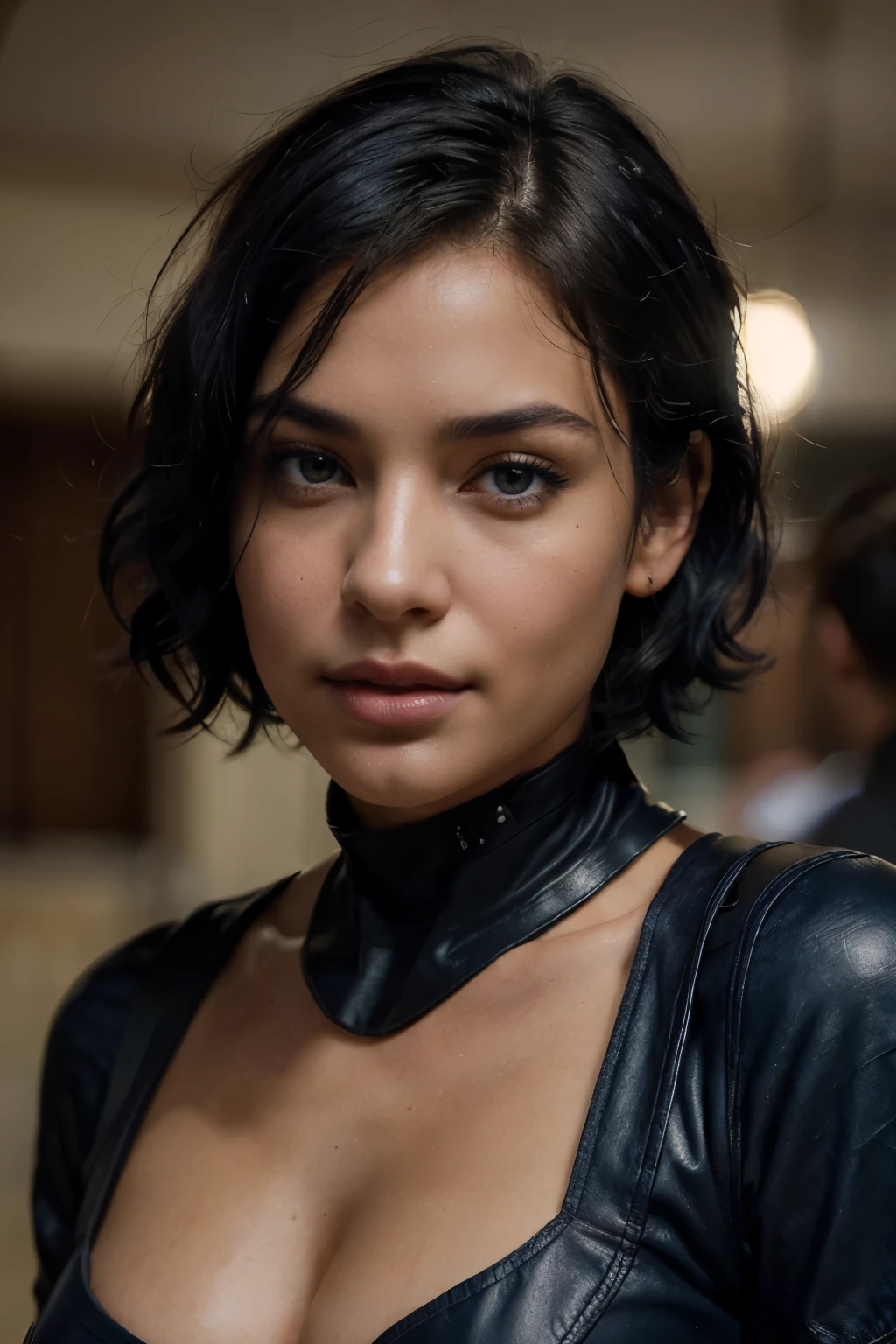 Breathtaking cinematic photo of a 30 year old girl with dark blue hair and Brown eyes, happy, cheerful facial expression, closed mouth, Beautiful lips, complex parts, shallow depth of field, very detailed, high budget, epic Hollywood movie, Fabulous, Masterpiece, award-winning, professional, very detailed, Detailed leather texture, (blush: 0.5), (goosebumps: 0.5). (the most Beautiful woman in the world) (dark blue hair) (short curly hair, wild hair, stylish cut) thin face, thin nose, Beautiful, very Beautiful, Ideal face, Slim body (Slim), (Brown hair) (Brown eyes ) (White skin) beautiful body, western wall, predatory eyes, Pink lips, thick thighs. whole body, western beauty, thin nose, Beautiful, Ideal, ((Best quality)), ((Ultra resolution)), ((Photorealistic: 1.4)), (complex parts), Ideal face, Compose: 1.5 , clean face, facial details. foreground ((uniform, tactical suit, agent costume, a spy)) nose ring