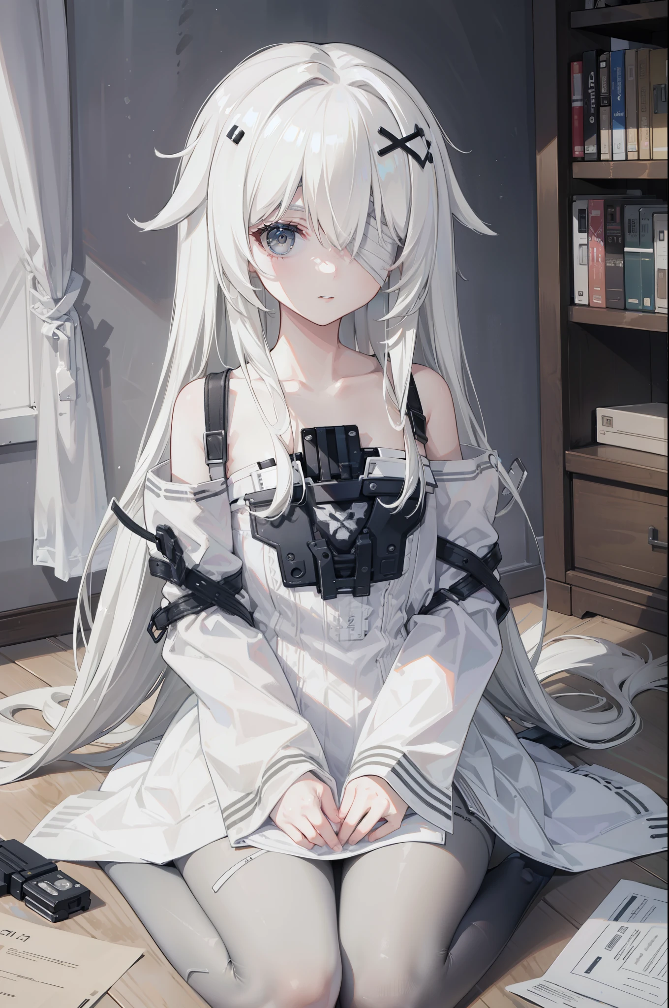 (best quality:1.3), (masterpiece:1.3), (illustration:1.3), (ultra-detailed:1.3), 1girl, solo, white hair, long hair, (((gray eyes, bandage over one eye,))) white dress, suspenders, bare shoulders, detached sleeves, sleeves past fingers, gradient leggings, black pantyhose, hair ornament, x hair ornament, indoors, sitting, close up, from front,