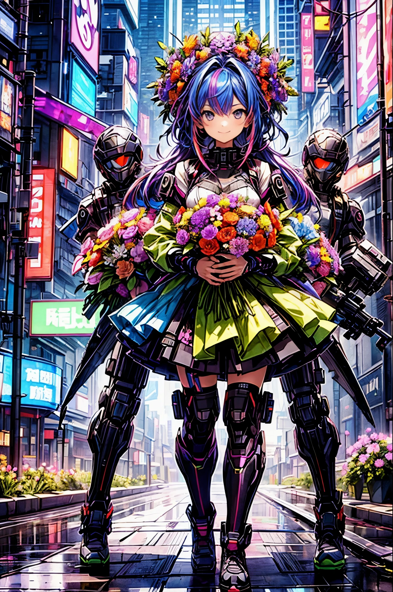 4k、best image quality，excellent details，hyper quality skin、ultra high resolution，（fidelity：1.4），best illustrations，focus on details，(official art, beautiful and aesthetic:1.2), midjourney anime style.
1 girl, (colorful hair:1.5), wavy hair, smile, (Sexy Cyberpunk Costumes.Cybertechware)、I will give you a bouquet of flowers、let me&#39;Let&#39;s pick up various bouquets、
(I will give you a bouquet of flowers:1.6), (fancy futuristic background:1.1),