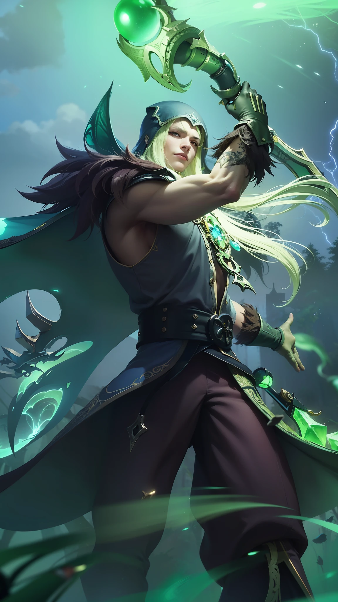 masculine male, masterpiece, ((perfect eyes)) best quality, (semirealism:1.9), beautiful lighting, (extremely detailed CG unity 4k fhd wallpaper), High Detail, Sharp focus, dramatic outdoors, 1 boy ,19 years old, white hair, light purpel eyes, smile, a close up of a person holding a green light, amazing portrait of viego, astri lohne, splash art, league of legends character, heise jinyao, league of legends character art, inspired by Shen Zhou, inspired by Huang Shen, world of warcraft elven druid, arcane : league of legends, arvalis, legends of runeterra.