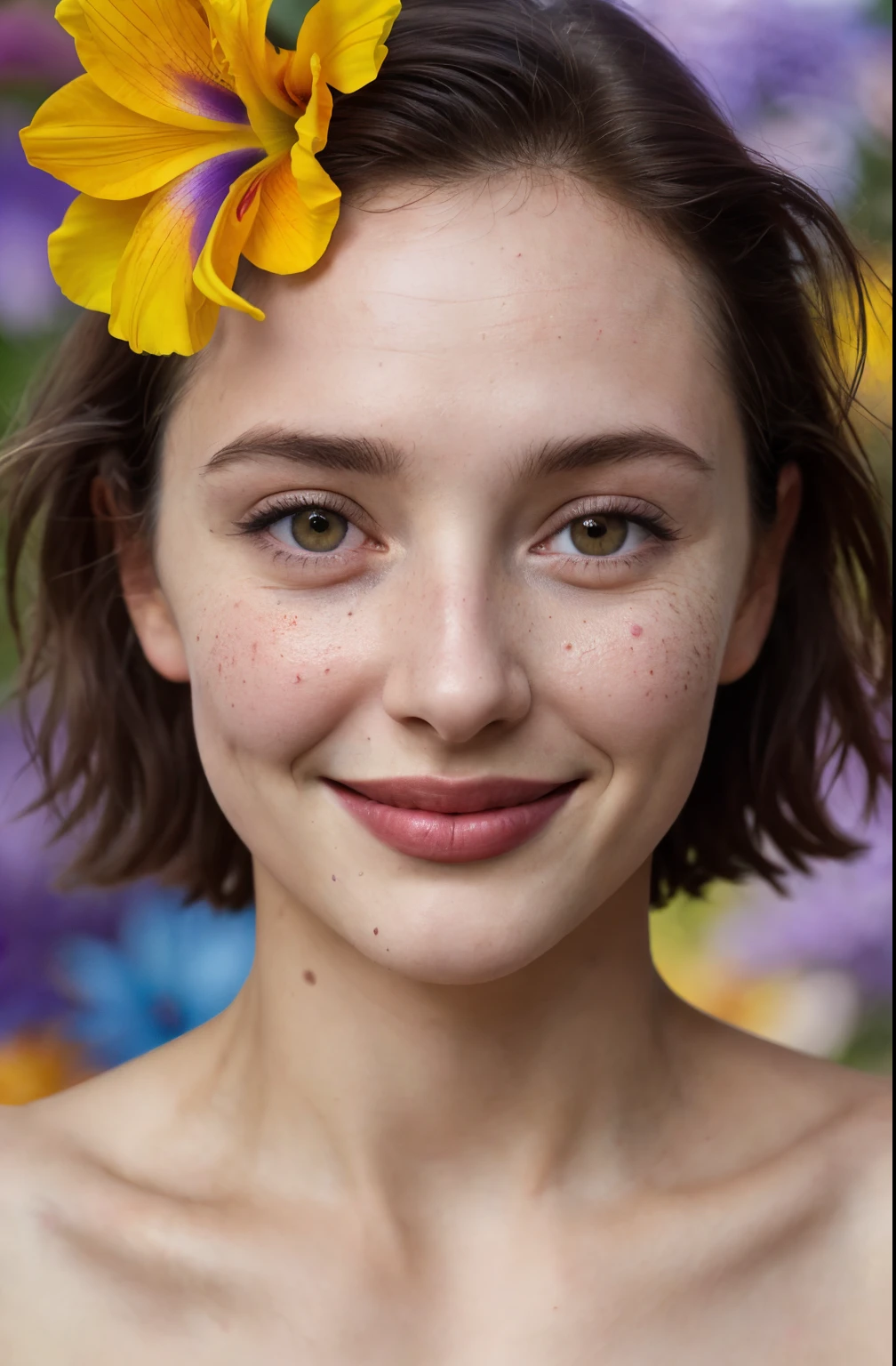 Dark theme, (rim light:0.6), highly detailed absurd photography, heureux, Sourire mignon, Mise au point du visage, jolie jeune femme nue, cheveux courts roux, textured skin, pores de la peau, intricate details, centered iris, Pupilles rondes, Bokeh, F1.4, 40mm, Photorealistic, (floraison, HDR:1.2), 8K, fond vif, Technicolor abstrait, surreal splashes, colored, beyond dimensions, Caustiques, digital SLR, Agfacolor,