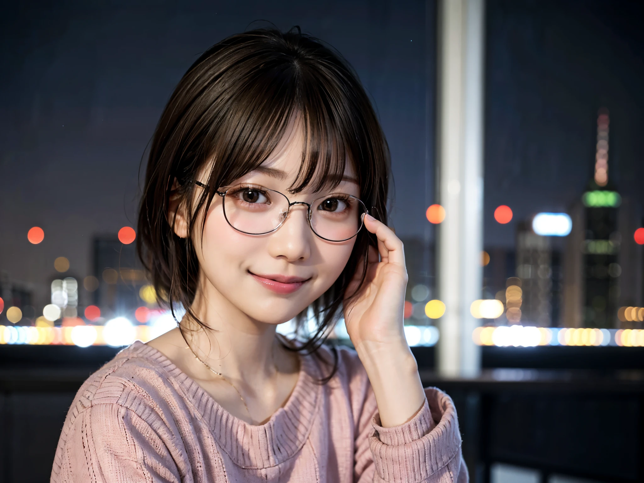 Japanese girl in casual clothes、pay attention to the audience、Tokyo night skyline、(highest quality、master masterpiece)))、HD fine、very detailed、master masterpiece、movie lighting、(8k、highest quality、master masterpiece:1.2)、(realistic、Photoreal:1.37) High resolution、Super detailed、woman wearing glasses、Silent expression、round glasses、Asian, cute, cute顔, alone, short hair 1.2, rough skin, Beautiful smile, Beautiful and detailed night sky, night view, movie lighting, Depth of written boundary, lens flare light、On a date、(blush your nose)、、(closed your mouth)small breasts、beautiful detail eyes、(sweater:1.1)、(short hair:1.2)、floating hair nova frog style、