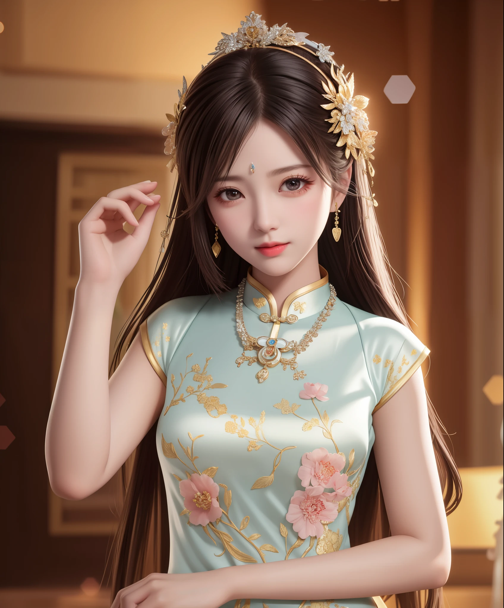 best quality, masterpiece, there is nothing, a girl, cheongsam, headgear, necklace, jewelry, pretty face, above_Body, Tyndall effect, lifelike, dark studio, edge lighting, two-tone lighting, (HD skin: 1.2), 8K Ultra HD, SLR camera, soft light, high quality, Volumetric lighting, confess, photography, high resolution, 4k, 8k, Bokeh, 脸部细节更lifelike更现代一些