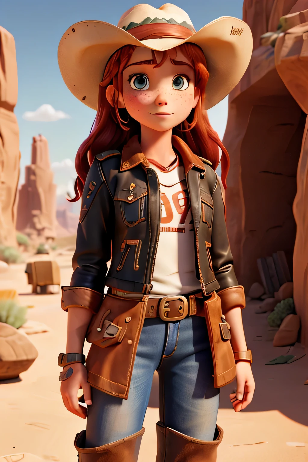 cowboy,a girl,cowboy hat,leather jacket,Red hair,Caucasian,freckle,beautiful,desert,Horizontal light and shadow,disney style,masterpiece, best quality,, Maximum details, intricate details, very clear