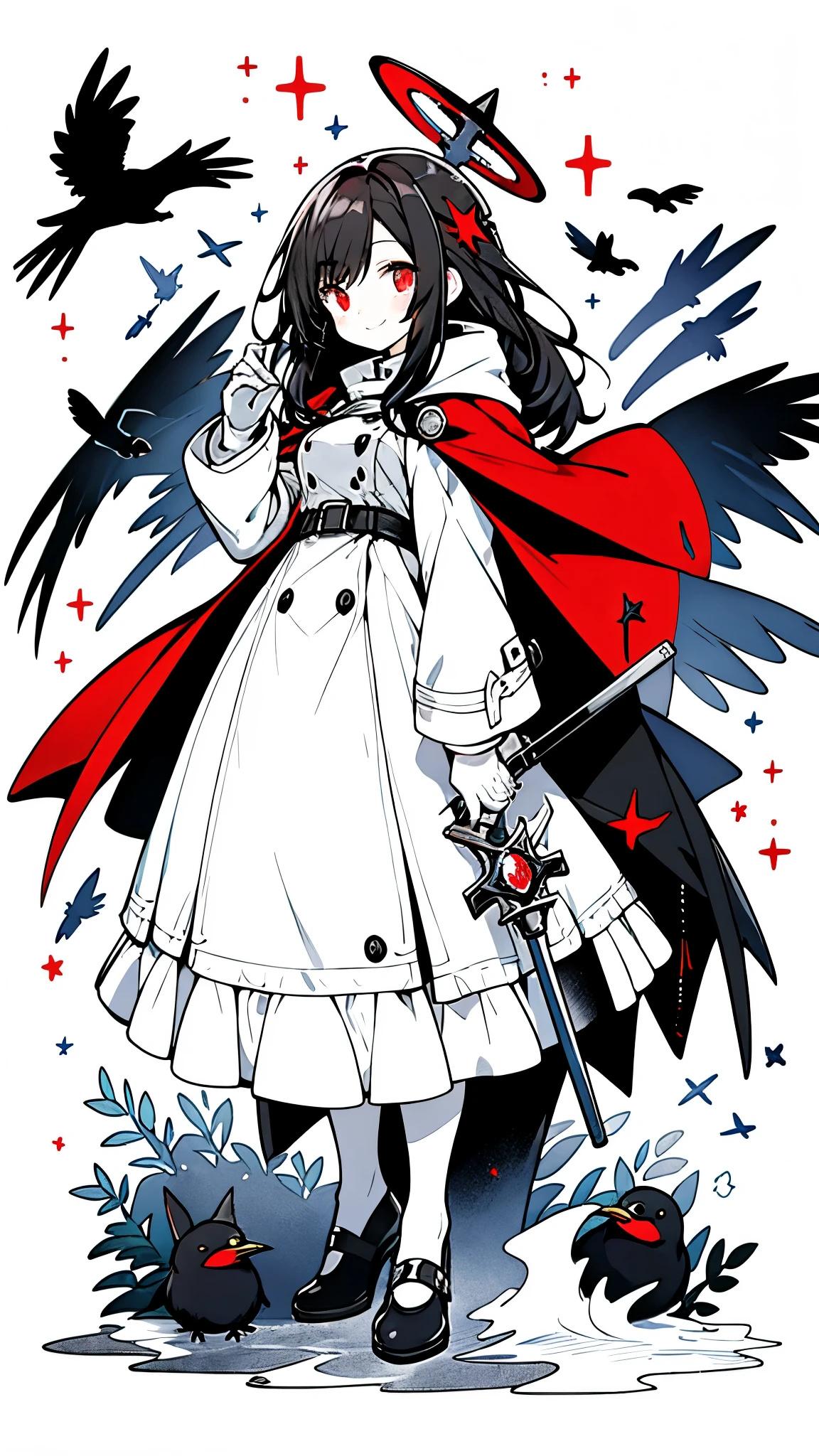 （（masterpiece：1.4，best quality））+，（Super detailed）+，（super detailed eyes）+，（white腿環：1.5），black crow
（cute girl），15 years old，（red eyes：1.15），black hair，long black hair，（changes through：1.2），pale skin，cold，Smile，一個誘人的Smile
（She wears a gray hooded trench coat，There&#39;There&#39;s fluff on it：1.5），（black long skirt：1.4），white shirt white，white gloves，little Red Riding Hood，thin legs，Black and red halo，musket，
（flocks of crows：1.1），
（Dawn light：1.2），white，
（Thick black and white：1.16），（depth of field：1.4），