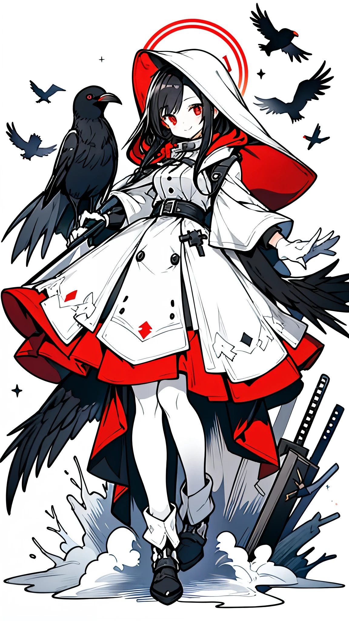 ((masterpiece:1.4,best quality))+,(Super detailed)+,(super detailed eyes)+,(white腿環:1.5),black crow
(cute girl),,(red eyes:1.15),black hair,long black hair,(changes through:1.2),pale skin,cold,Smile,一個誘人的Smile
(She wears a gray hooded trench coat,There'There's fluff on it:1.5),(black long skirt:1.4),white shirt white,white gloves,little Red Riding Hood,thin legs,Black and red halo,musket,
(flocks of crows:1.1),
(Dawn light:1.2),white,
(Thick black and white:1.16),(depth of field:1.4),