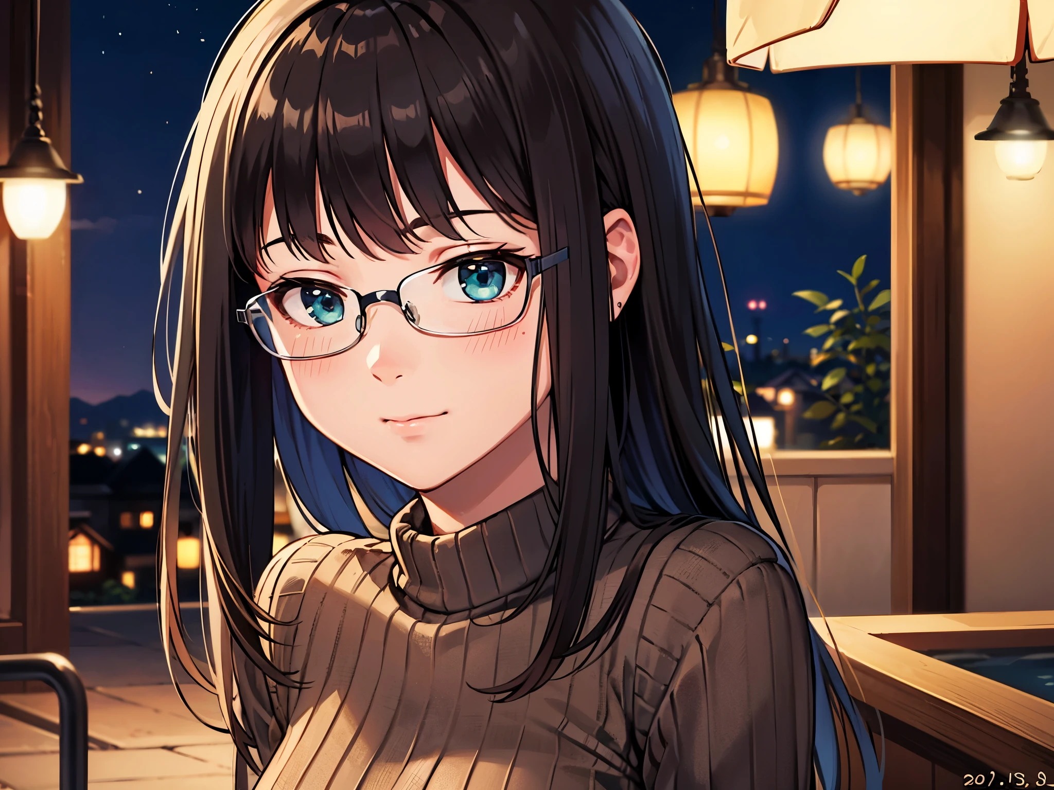 Pay attention to your audience、green eyes、東京のnight view、(highest quality、master masterpiece)))、HD fine、very detailed、master masterpiece、movie lighting、(8k、highest quality、master masterpiece:1.2)、(realistic、Photoreal:1.37) High resolution、Super detailed、woman wearing glasses、Silent expression、round glasses、Asian, cute, cute顔, alone, rough skin, Beautiful smile, Beautiful and detailed night sky, night view, movie lighting, Depth of written boundary, lens flare light、date、(blush your nose)、、(closed your mouth)small breasts、beautiful detailed eyes、(sweater:1.1)