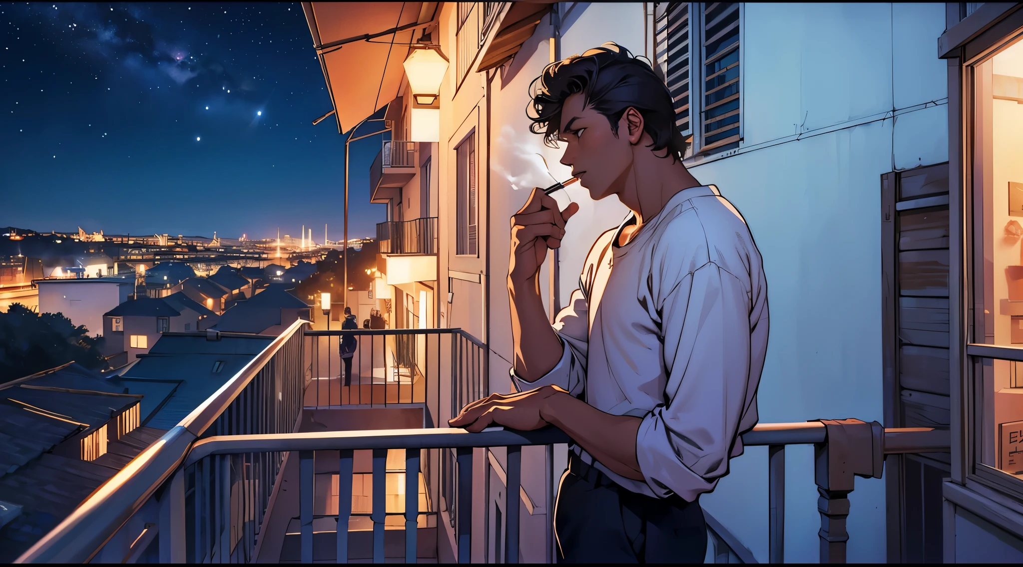 balcony at night look at the starry sky 1980an smoking cigarette lean backwards on the railing