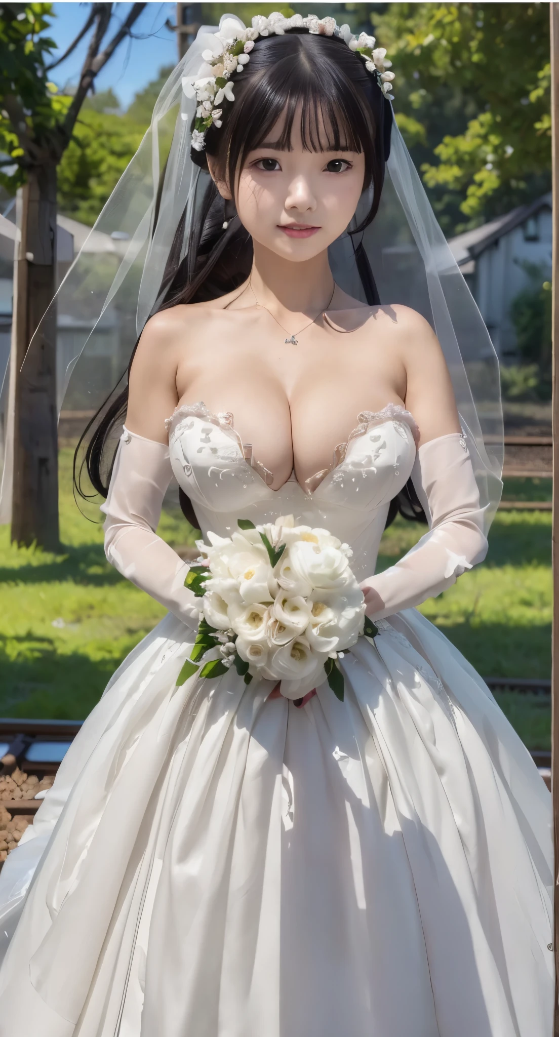 (((Pixel perfect, Perfect details))), alone, 1 girl, rory mercury, Close-up of beautiful bride wearing beautiful wedding dress,Gurwitz, (bridal veil:1.5),(transparent short veil:1.5),blush,eye shadow,Blushing face,Head flower,headgear,bouquet,(tube top wedding dress:1.5),(silk dress:1.2),(strapless wedding dress:1.5),pure white dress,necklace,earrings,(large breasts:1.3),Bangs,lipstick,(White long elbow gloves:1.4),whole body照,High-detail RAW color art,White long skirt,whole body,(standing on the railroad tracks:1.3),18 years old, (long twintails:1.5),(double bun:1.5), black hair