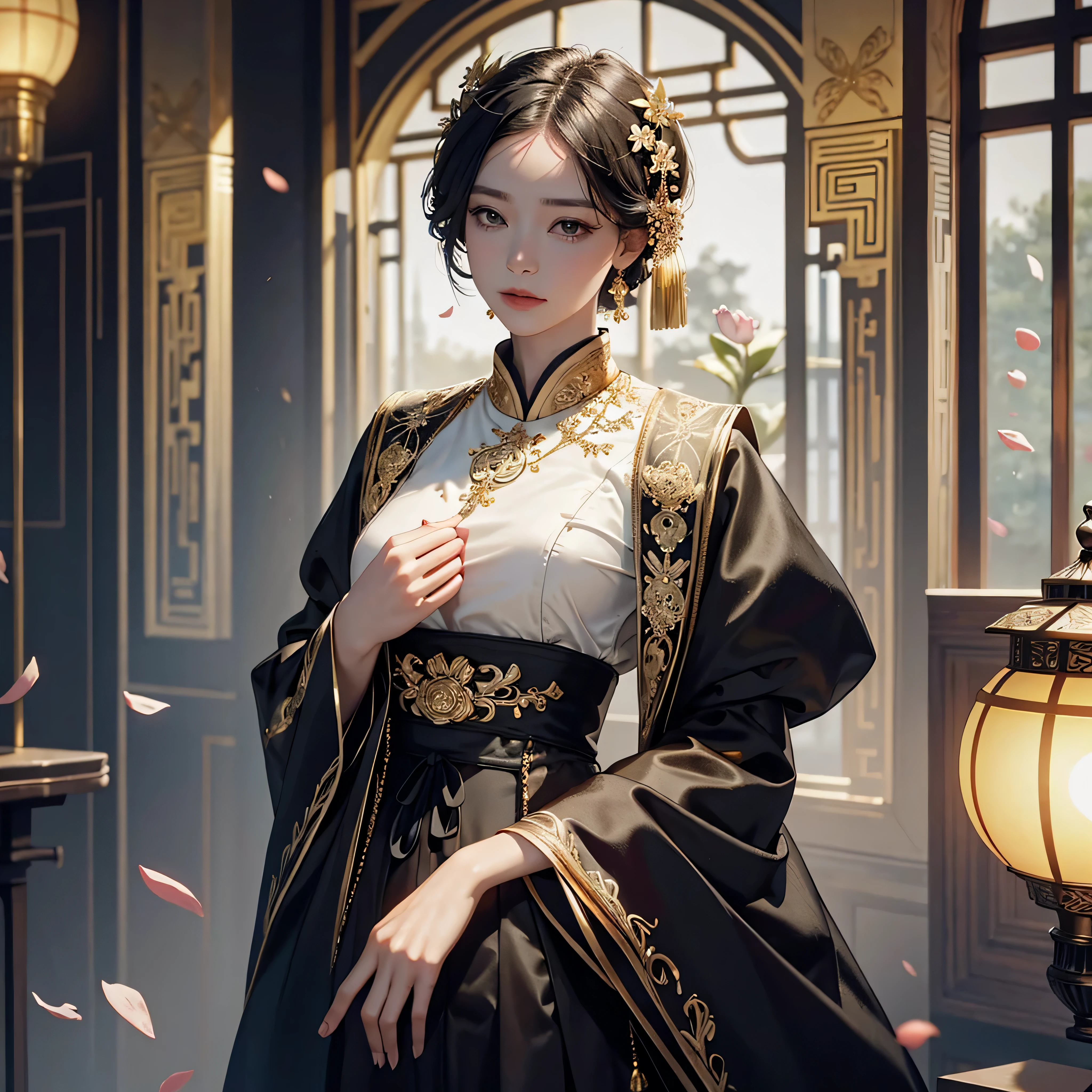 best quality, masterpiece, highres, (exquisite body:1.5),gorgeous face,(milky skin:1.3),intricate details,high resolution,wallpaper,
1girl, solo, dress, hair ornament, (((gold and black dress))), flowers, short hair, black hair, closed mouth, jewelry, long sleeves, hand up, wide sleeves, big golden eyes, chinese clothes, hanfu, embroidery, long skirt, natural pose, falling petals, indoor,fanning, lantern,
16K,HDR,highres,depth field,(film grain:1.1),boken,golden hour,(lens flare),vignette,rainbowing,(color grading:1.5)