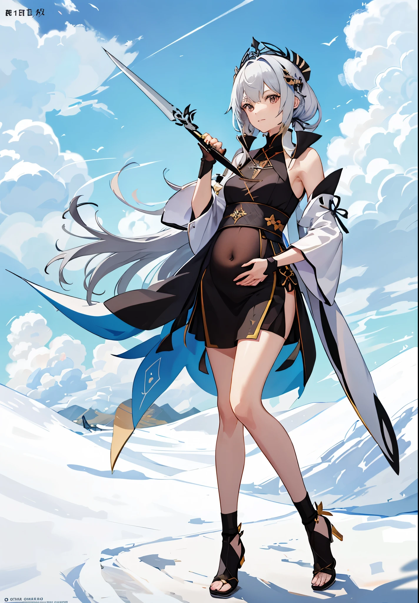 a woman in a dress holding a dagger and a dagger, video game character, from arknights, fox nobushi holding a dagger, hajime yatate, keqing from genshin impact, random haired deity, with small sword, ayaka genshin impact, female action anime girl, official character art, anime character, pregnant anime girl, fetus, pregnant belly,  random hair color