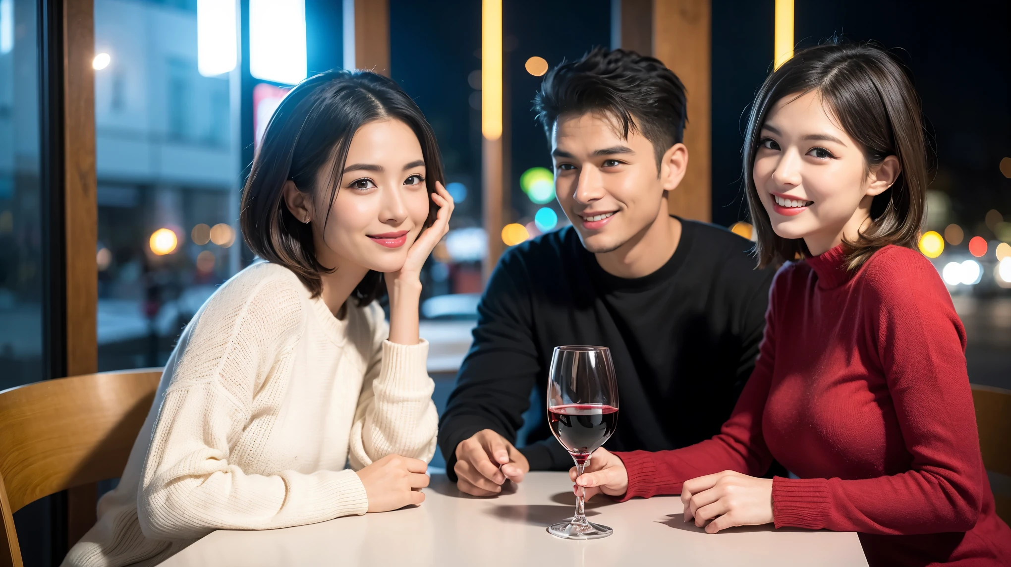 ((Highest quality、8k、masterpiece:1.3))、cute、Slim couple、Model Couple、Actress、(Realistic, Intricate details:1.2), full-course dinner、Wine Party、Amazing view of the sunset sky and clouds、A bright smile、short hair,Bright Face、 (45 years old), 48 years old, red wine 、Appetizers、Italian food、Wine bottle、Champagne、sparkling wine、Two beauties、Brown Hair、Shortcuts、Long sleeve shirt、dress、Beautiful woman 1, (Slim face), (The body is slim), (Brown Hair), (Shortcuts), cheeks turn a little red,Attractive beauty、restaurant, In a prominent place (From the waist up) Nova Frog Style, actress, model, Upper Body, White wine, slim, wine glass, A wine glass placed in the center, smile, (smile: 1.15), Beautiful fine grain, Depth f/2,saturation, High Contrast, Strong light and shadow,Moist Body:1.5、3D texture、Delicate eyes、Brown Hair、The hair is very shiny、