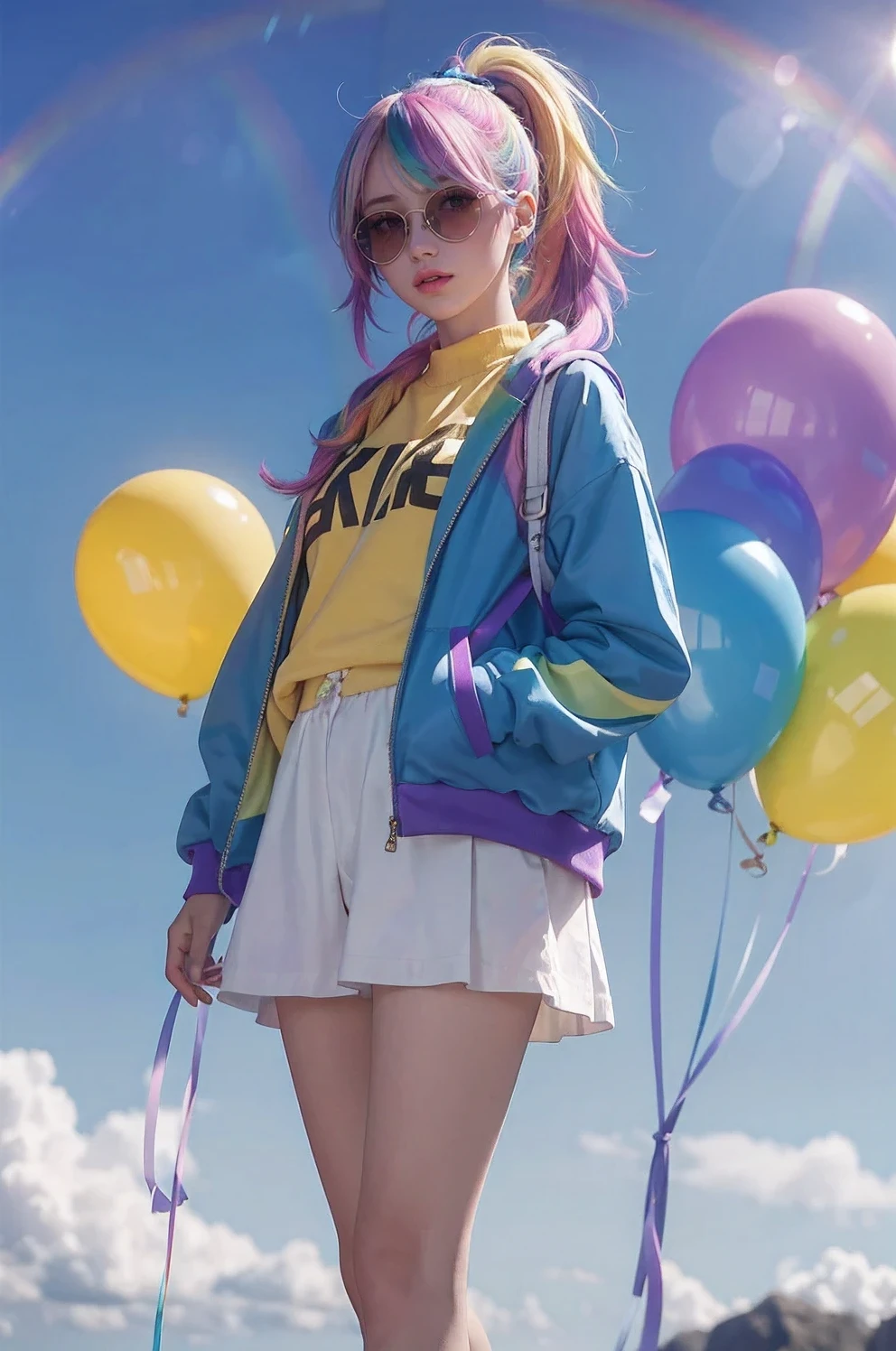 masterpiece,best quality,
1 girl,Playful,(Iridescent highlighter hair,Colorful hair:1.4),Wearing blue and purple sunglasses,Yellow jacket with white pattern,white sweater,many Colorful balloons,baby face,ponytail,Eyes with perfect details,delicate face,CG perfeita,HD quality,Colorful balloons,Sky,black boots,
