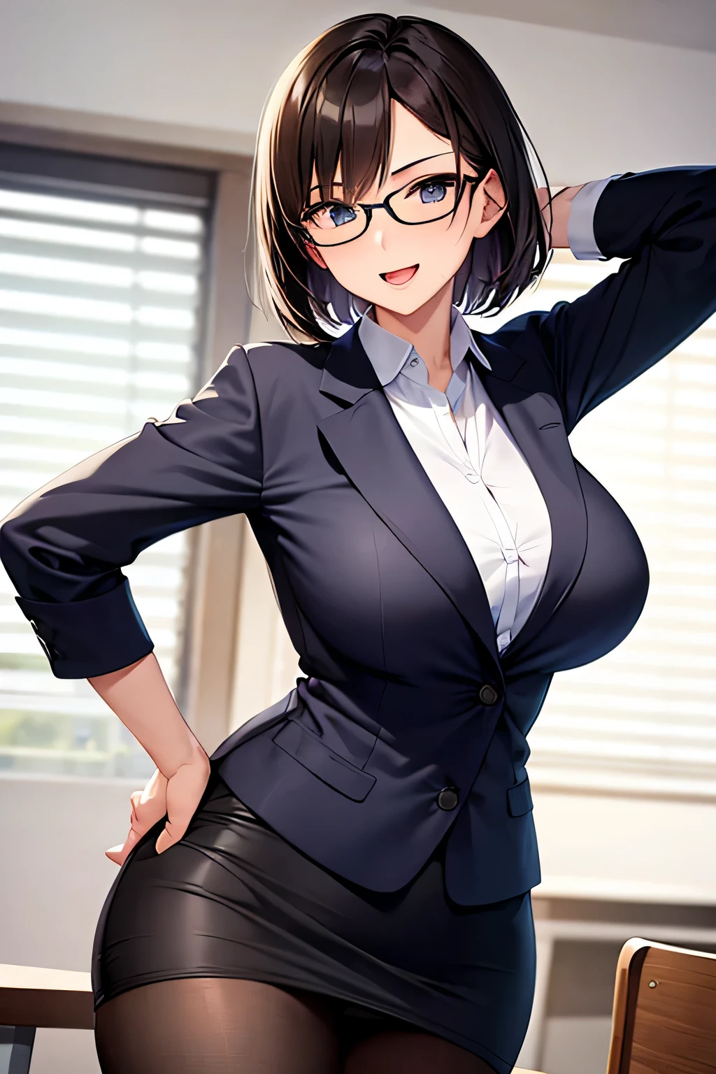 (masterpiece), highest quality, expressive eyes, perfect face, 1 female, alone, mature woman, suit, Jacket, pencil skirt, mini skirt, pantyhose, black panties, Glasses, brown hair, short hair, big breasts, big ass, cleavage, thighs, whole body, raise one leg, (I can see my pants), smile, open your mouth, Are standing, leaning forward, look back, from behind, comb hair, ((lift up the skirt)), Low - Angle, ((looks seductive)), (sexy), classroom,