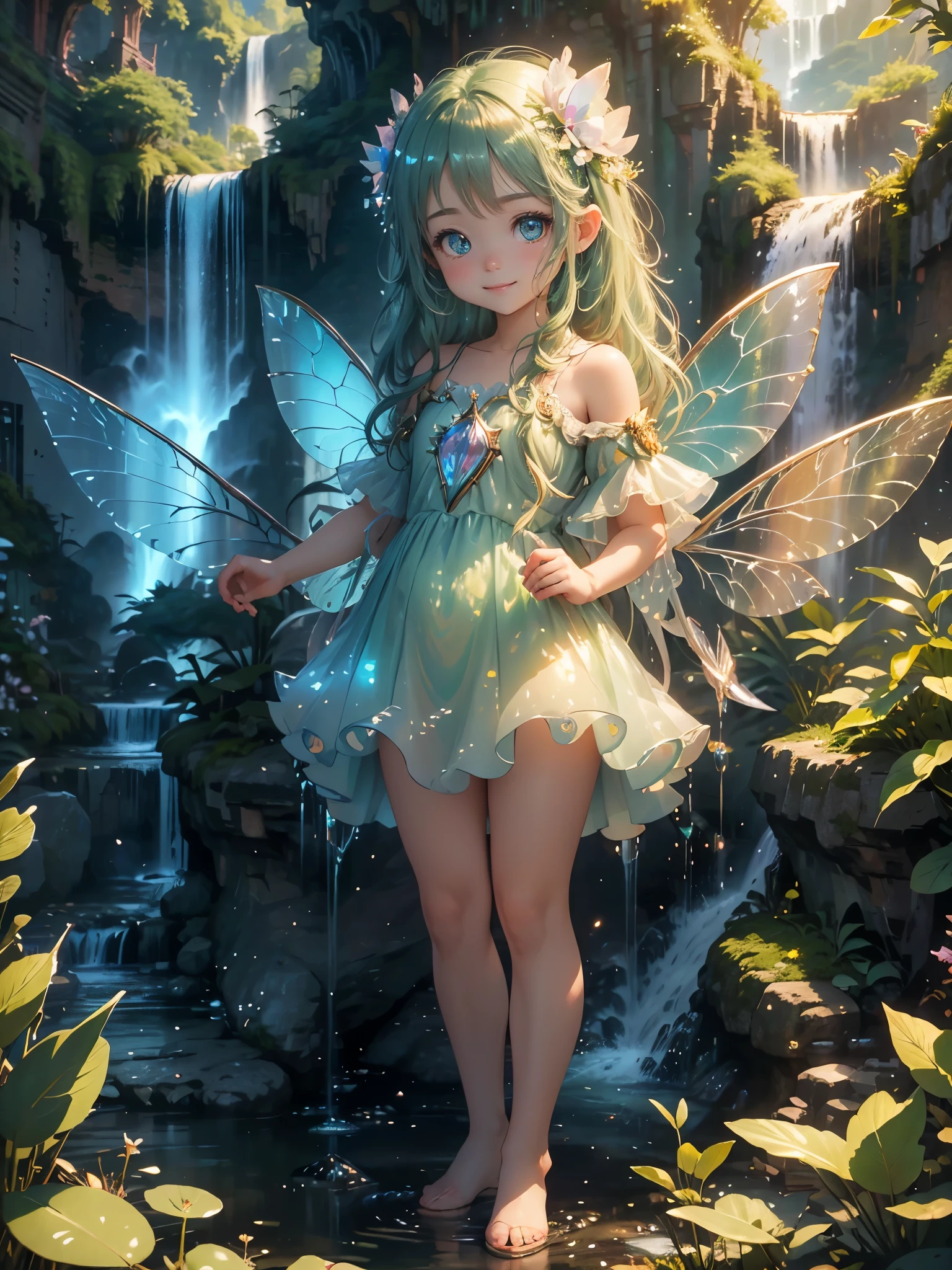 masterpiece、highest quality、10k Ultra HD Vivid Color Masterpiece Ultra Cinematic Resolution, 3D rendering、(fantasy，waterfall:1.5)，bright background、from diagonally above、(standing:1.3)、(Too cute smile:1.3)、Digital Art Style Baby Chibi, big head, cute green eyes, My eyes sparkle、Full body Esbian、Pure、emerald fairy costume、(translucent iridescent fairy wings:1.3)、detailed、cute pose，rosy cheeks，Precise，Niji，fantasy，sharp focus，cinematic lighting，Depth of the bounds written_shallow