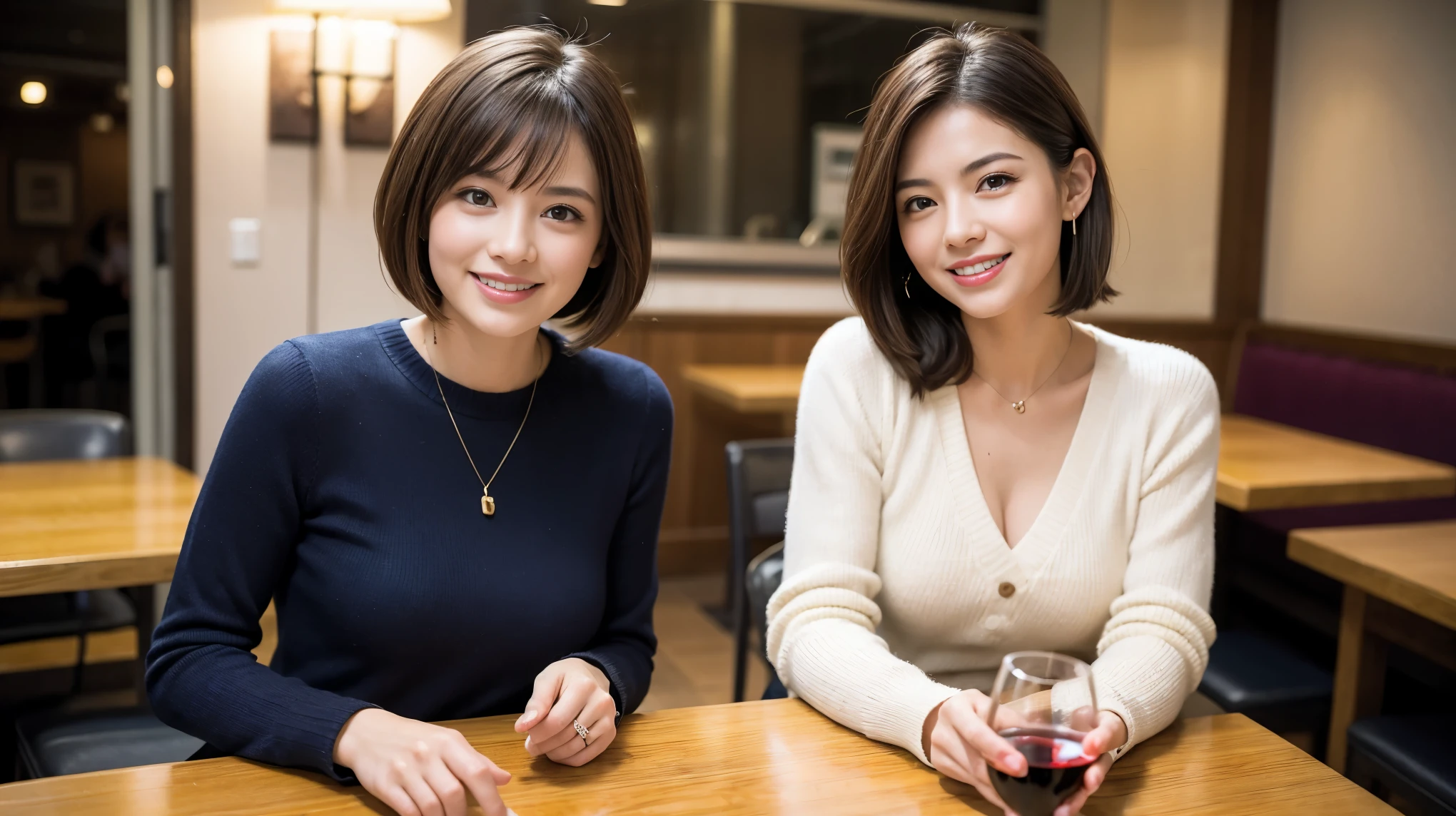 (64k included、nffsw、highest quality、masterpiece:1.2)、(realistic、Photoreal:1.37)、super detailed、wine glass、while enjoying wine、mature woman、two beautiful women、(slim face)、(Because I'm slender)、(brown hair)、(shortcut)、Latino、smiling french woman、happy italian girl、british woman、Americana、slightly reddening cheeks、(36 years old)、39 years old、red wine、窓の外には美しく緻密なnight景が広がります.........、restaurant、目立つ場所にあるwine glass、night、(from the waist up)、sit on top、date、(laughter:1.15)、detailed and beautiful eyes、cashmere sweater、long sleeve dress、Japanese、(short hair:1.2)、Float NovaFrogStyle、、modeled、from the waist up、White wine、turned into slime、wine glass、超綺麗なnight景、wine glassを真ん中に置きます、Smile、(8k、Raw photo、highest quality、masterpiece:1.2)、(realistic、Photoreal:1.37)、super detailed、超A high resolution、2 females、see the beholder、beautiful and detailed face、laughter、narrow、(slim waist) :1.3)、knit shirt、Fine and beautiful skin、skin texture、floating hair、professional light needle breast、kind eyes