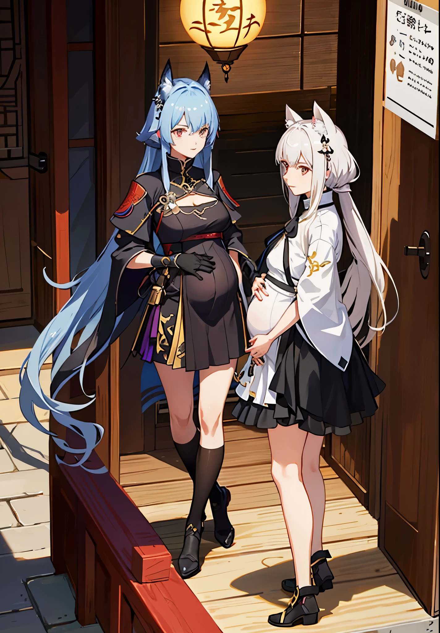 a woman in a dress holding a dagger and a dagger, video game character, from arknights, fox nobushi holding a dagger, hajime yatate, keqing from genshin impact, random haired deity, with small sword, ayaka genshin impact, female action anime girl, official character art, anime character, pregnant anime girl, fetus, pregnant belly, random hair color