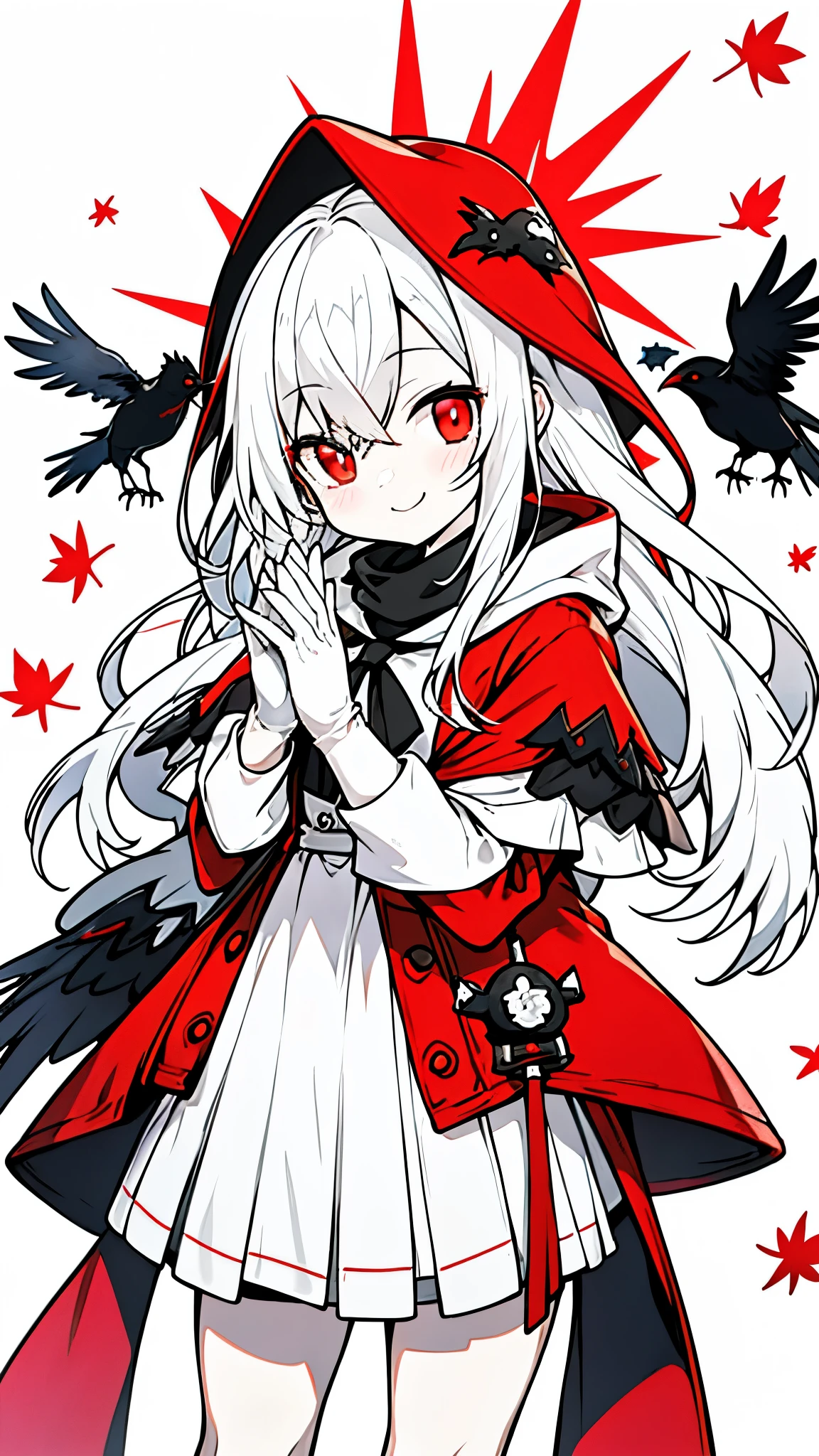 ((masterpiece:1.4,best quality))+,(Super detailed)+,(super detailed eyes)+,(white腿環:1.5),black crow
(cute girl),15 years old,(red eyes:1.15),Black hair ends,long white hair,(changes through:1.2),pale skin,cold,Smile,一個誘人的Smile,red leaves
(She wears a white hooded trench coat,There'There's fluff on it:1.5),(black long skirt:1.4),red shirt white,white gloves,little Red Riding Hood,thin legs,Black and red halo,harquebus,
(flocks of crows:1.1),
(Dawn light:1.2),white,
(Thick black and white:1.16),(depth of field:1.4),
