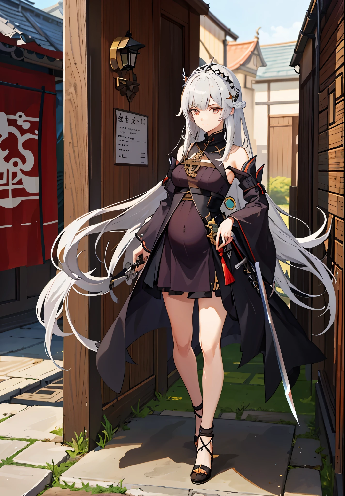 a woman in a dress holding a dagger and a dagger, video game character, from arknights, fox nobushi holding a dagger, hajime yatate, keqing from genshin impact, random haired deity, with small sword, ayaka genshin impact, female action anime girl, official character art, anime character, pregnant anime girl, fetus, pregnant belly,  random hair color