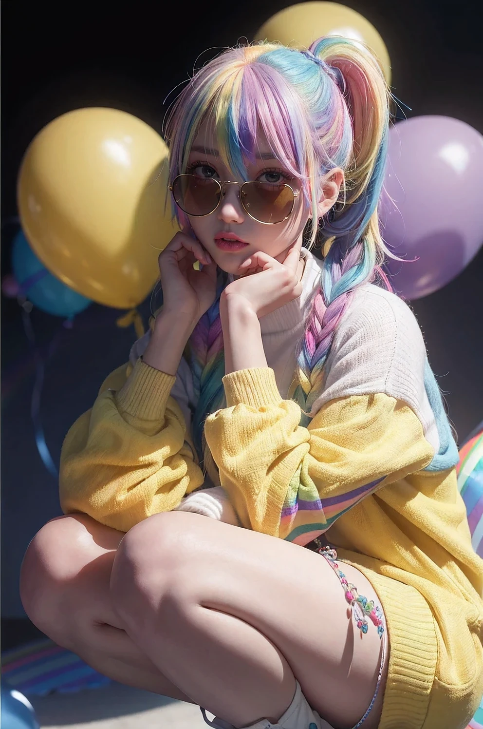 masterpiece, best quality,1 girl, pretty and cute, (rainbow color Highlight Hair,colorful hair:1.4), wearing blue and purple sunglasses, yellow jacket with white pattern, white sweater, many colored balloons, doll face, ponytail braid, perfect detail eyes, delicate face, perfect cg, HD quality, colored balloons, sky ,black boots, <lora:add_detail:1>
