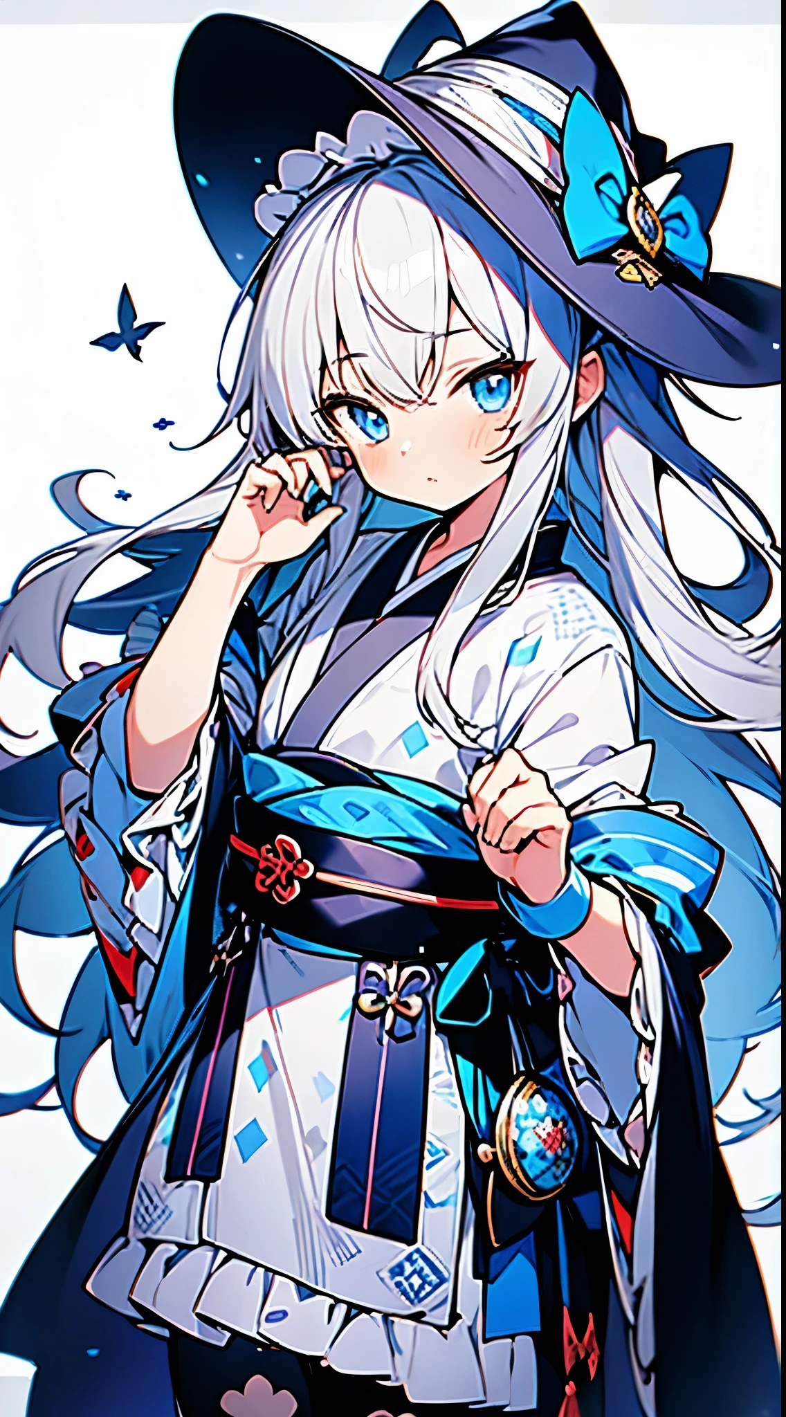 1boy,solo,Beautiful boy cross-dressing,cute face,
boy dressed as cute girl,boy cuter than girl,
silver long hair,blue eyes,blue ribbon,witch-boy,
frilly hat,pattern print tights,
gothic lolita kimono,witch kimono dress,
Japanese sleeves,luxurious obi,Emblem of the Great Whore of Babylon,
