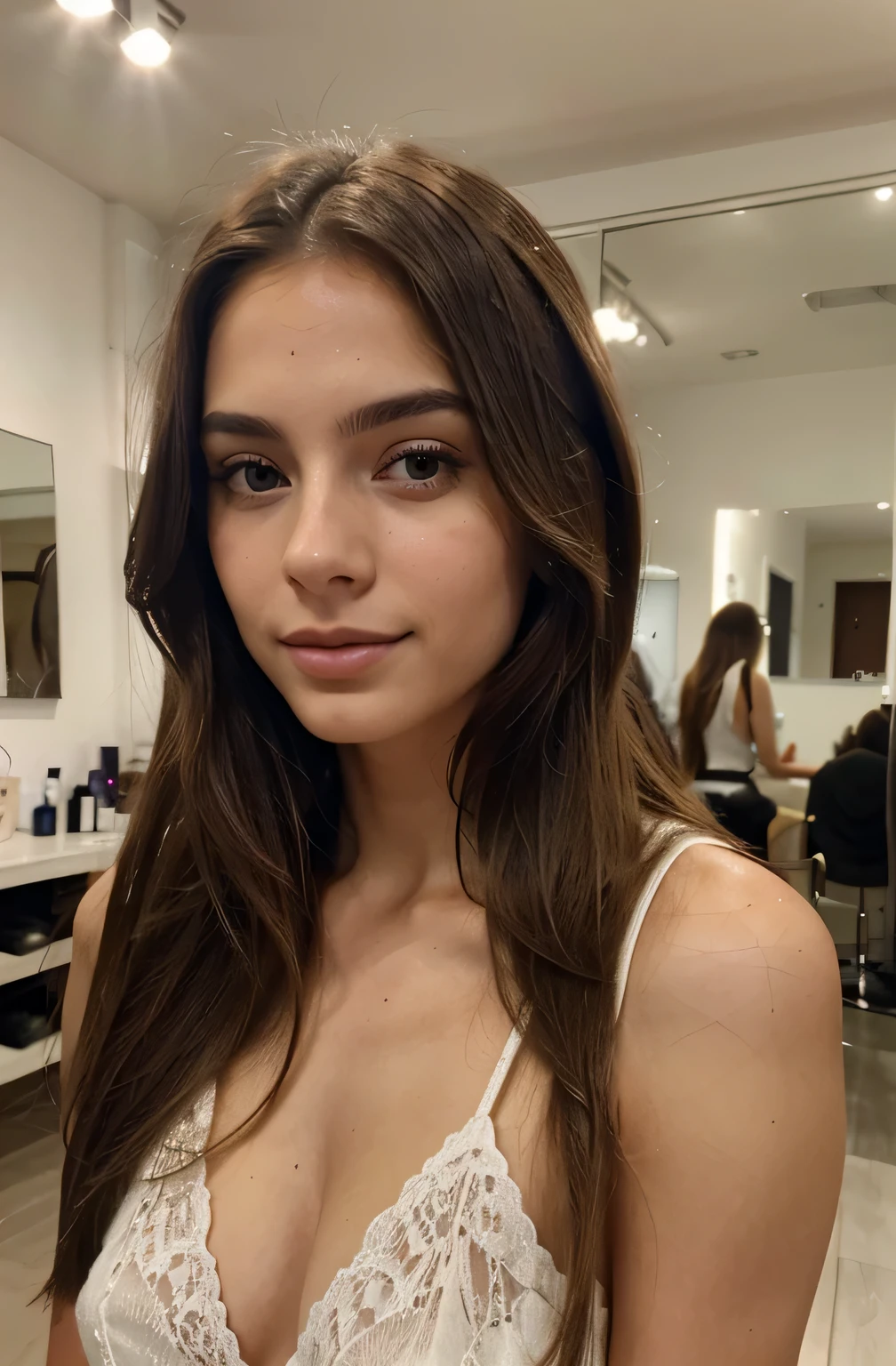 Close-up of a beautiful 21-year-old Argentine model., parado en un salon, con pelo largo, morocha, pechos naturales, cara feliz, realistic photography