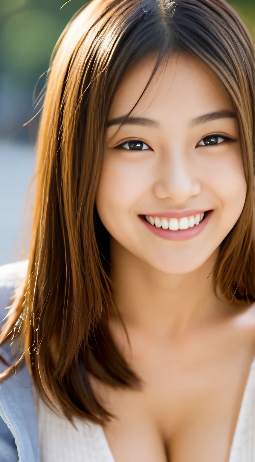 Japanese ),((beautiful girl)),cleavage,An expression that imagines something pleasant:1.2,(perfect body beauty:1.2),((perfect body)),(shy smile),beautiful teeth,
